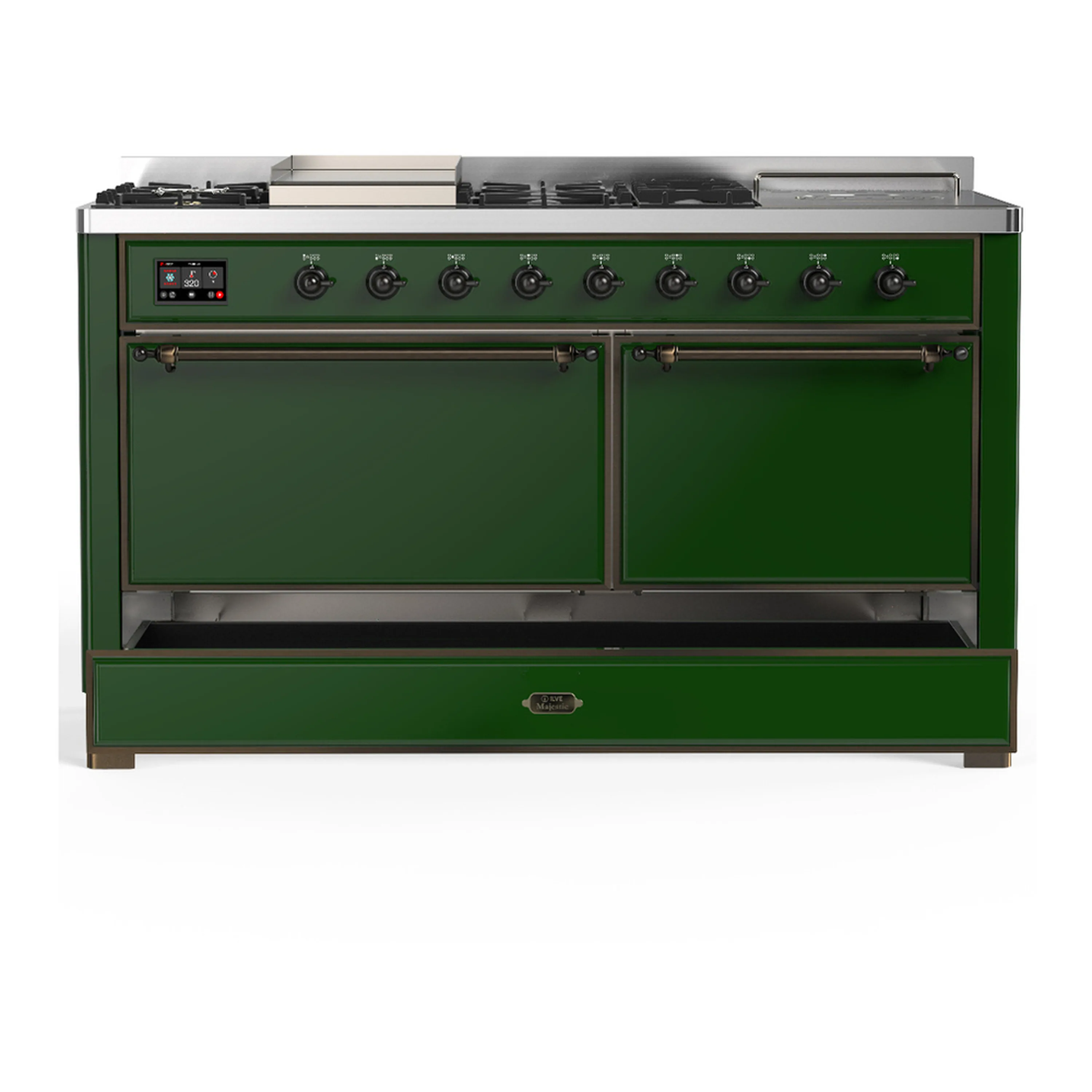 ILVE Majestic III 60-inch Dual Fuel Range with 5 Liquid Propane Burner, Griddle, French Top and Solid Door Electric Oven in Emerald Green with Burnished Trim (UM60FSQNR3EGBLP) - Image 3