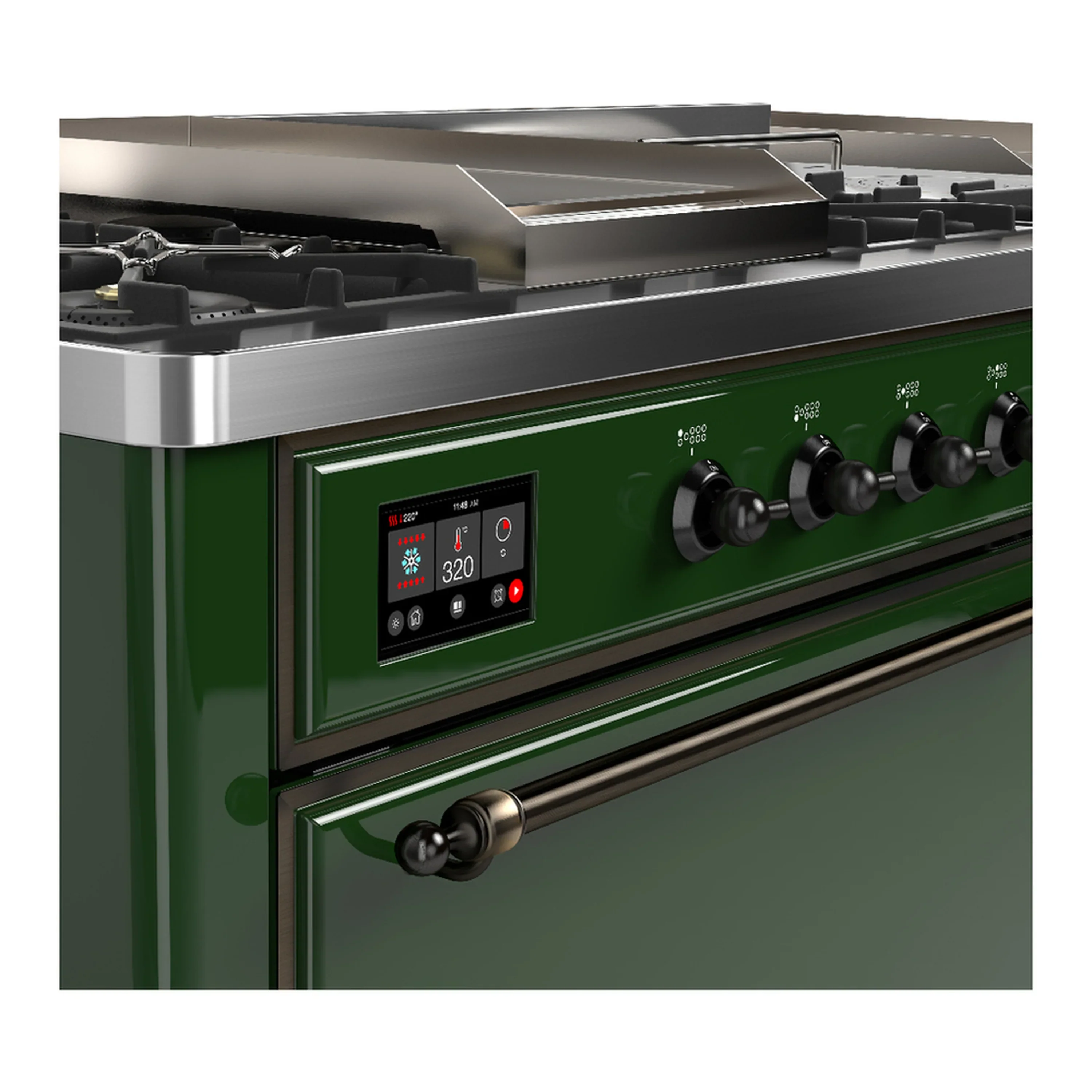 ILVE Majestic III 60-inch Dual Fuel Range with 5 Liquid Propane Burner, Griddle, French Top and Solid Door Electric Oven in Emerald Green with Burnished Trim (UM60FSQNR3EGBLP) - Image 7