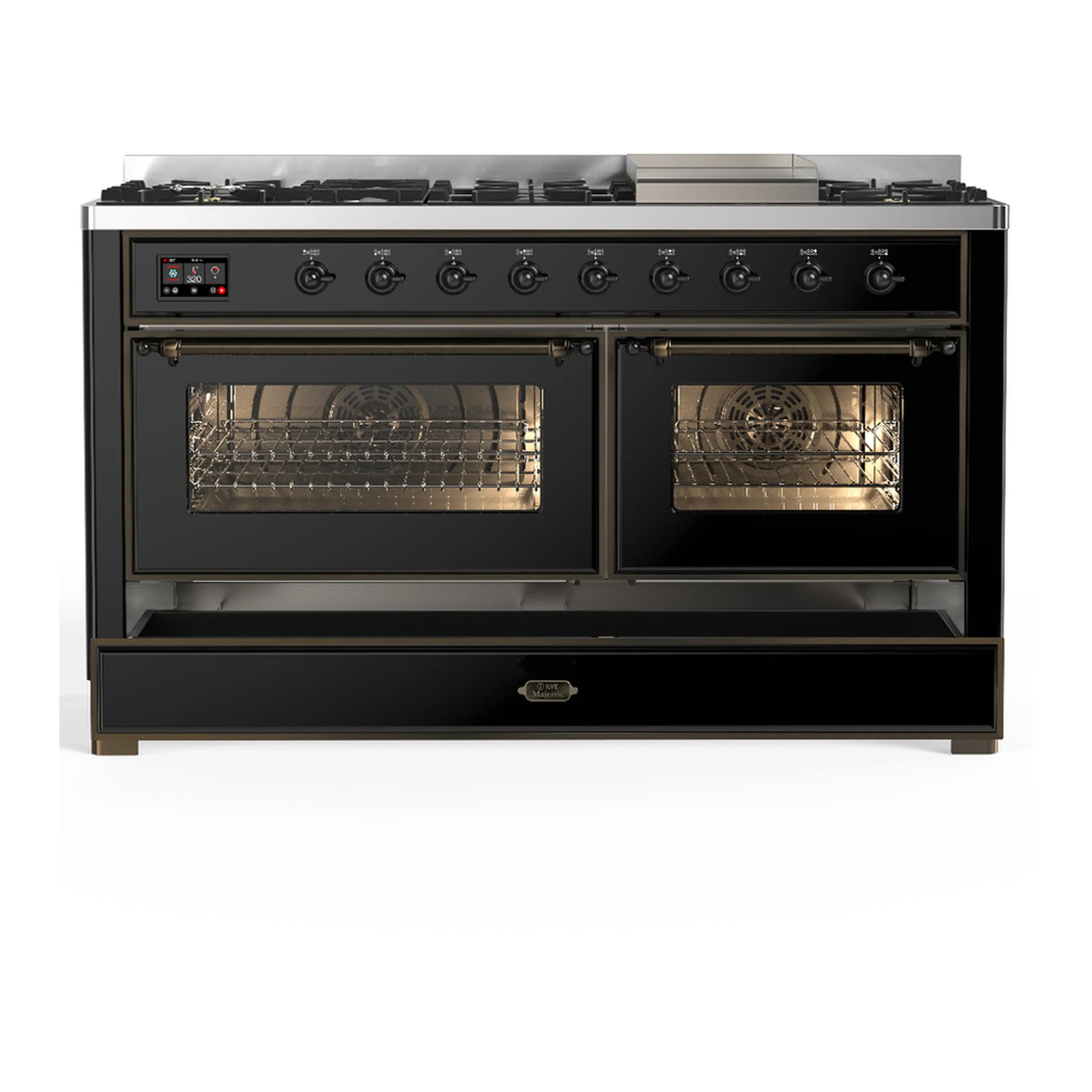 ILVE Majestic III 60-inch Dual Fuel Range with 7 Natural Gas Burner, Griddle and Triple Glass Door Electric Oven in Glossy Black with Burnished Trim (UM60FNR3BKB) - Image 3