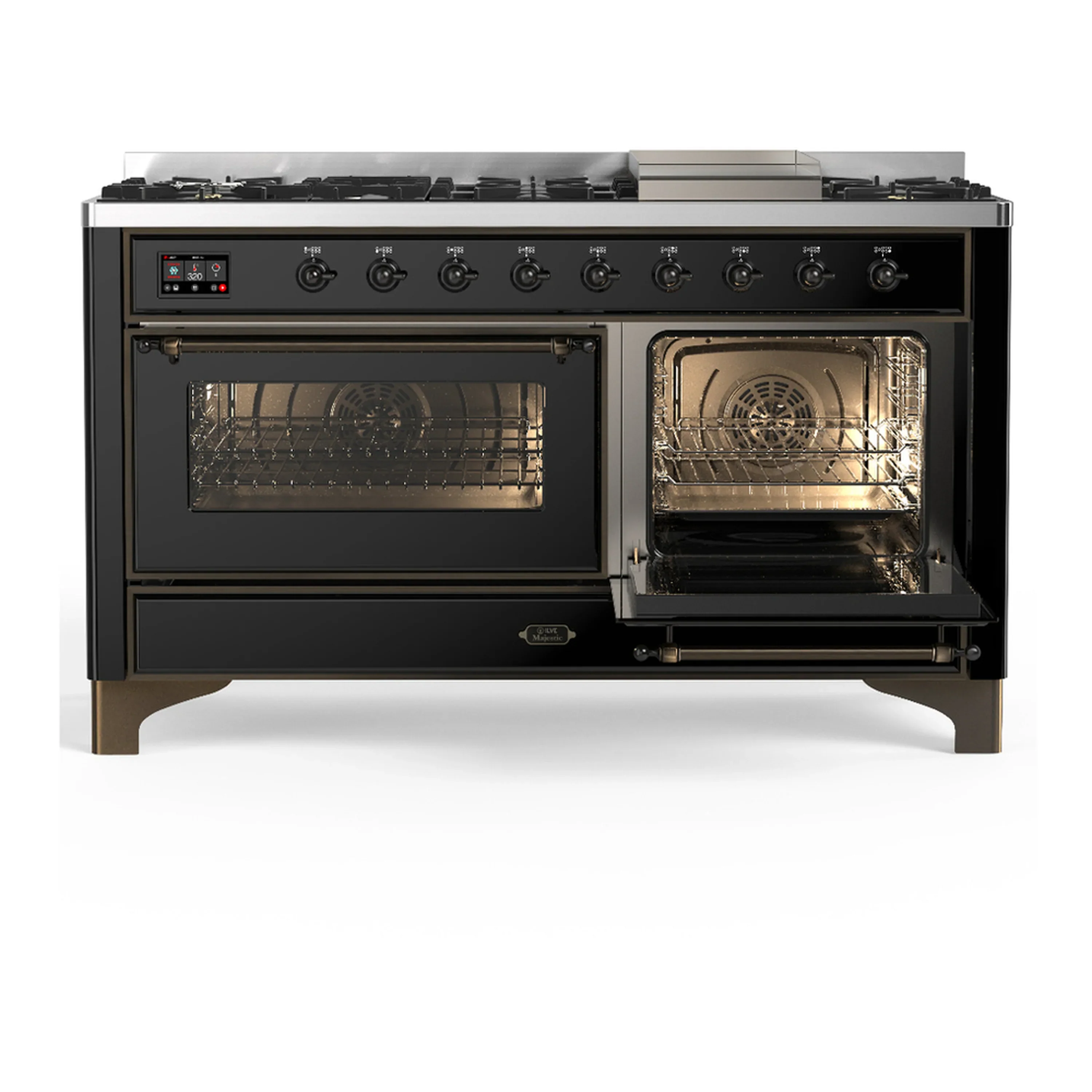 ILVE Majestic III 60-inch Dual Fuel Range with 5 Liquid Propane Burner, Griddle and Triple Glass Door Electric Oven in Glossy Black with Burnished Trim (UM60FNR3BKBLP) - Image 4