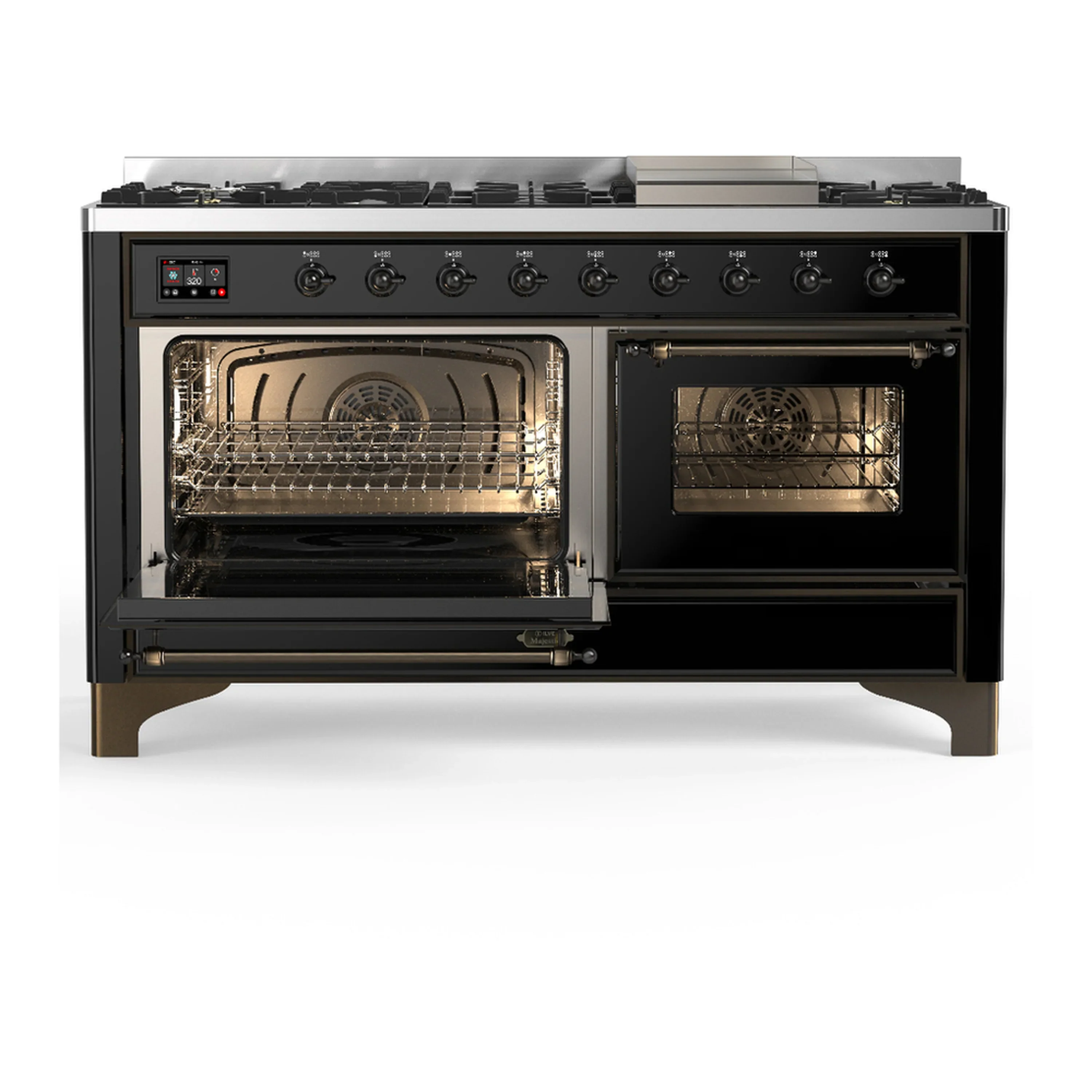 ILVE Majestic III 60-inch Dual Fuel Range with 5 Liquid Propane Burner, Griddle and Triple Glass Door Electric Oven in Glossy Black with Burnished Trim (UM60FNR3BKBLP) - Image 5