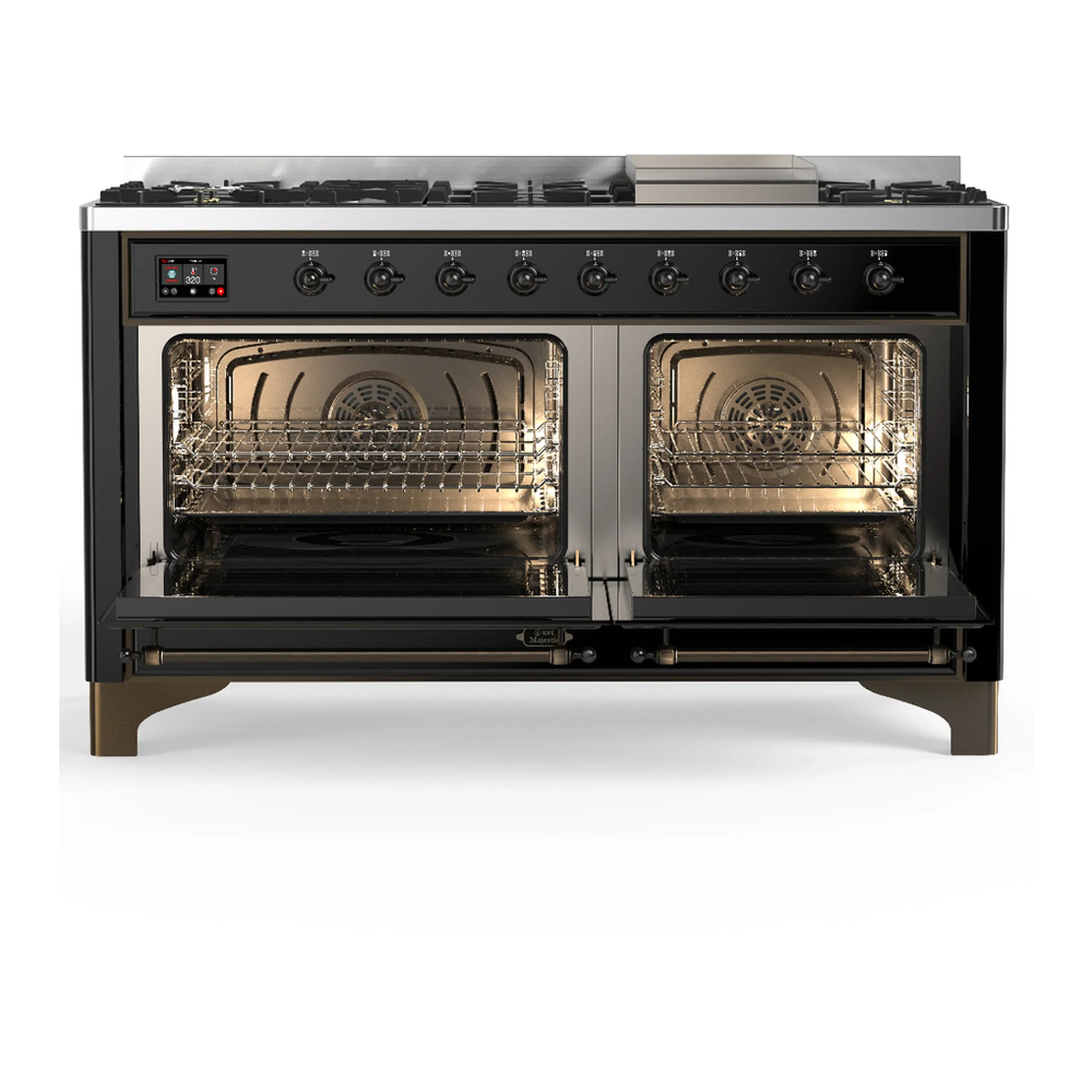 ILVE Majestic III 60-inch Dual Fuel Range with 5 Liquid Propane Burner, Griddle and Triple Glass Door Electric Oven in Glossy Black with Burnished Trim (UM60FNR3BKBLP) - Image 6