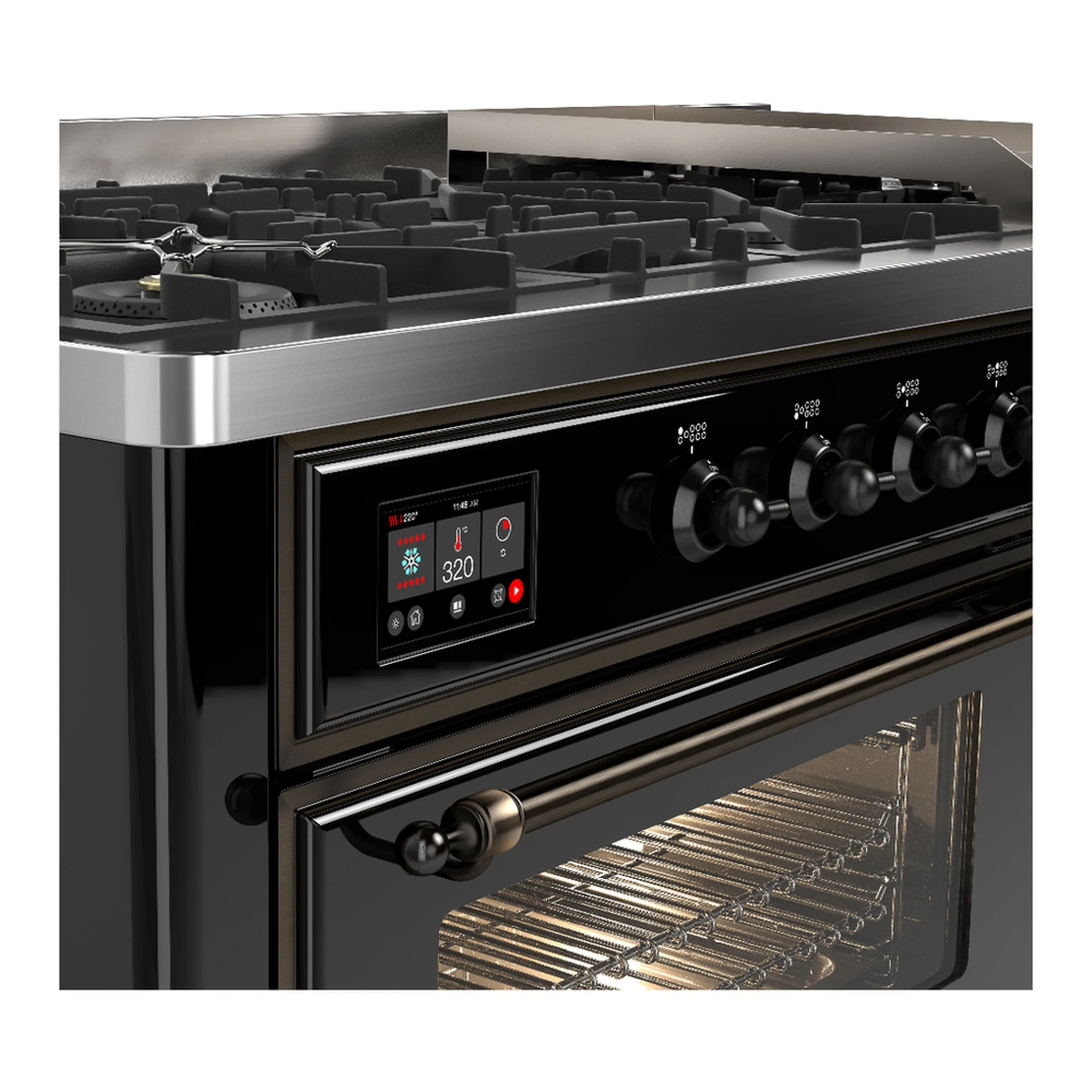 ILVE Majestic III 60-inch Dual Fuel Range with 5 Liquid Propane Burner, Griddle and Triple Glass Door Electric Oven in Glossy Black with Burnished Trim (UM60FNR3BKBLP) - Image 7