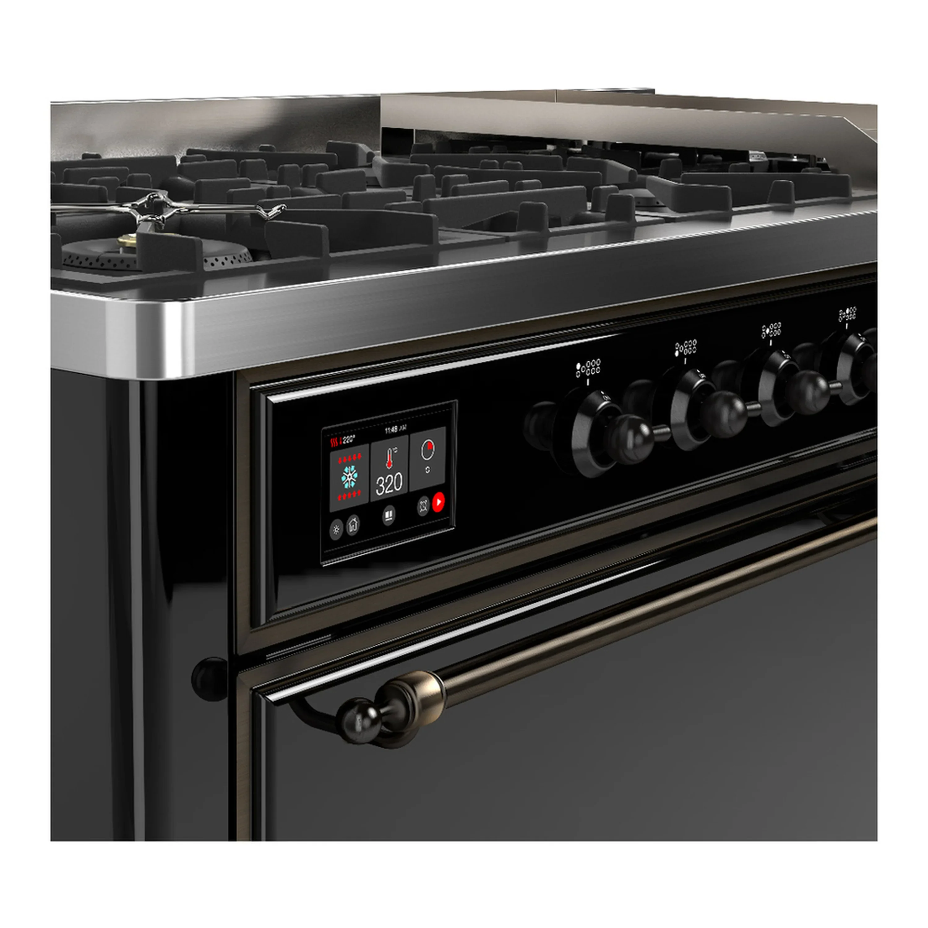 ILVE Majestic III 60-inch Dual Fuel Range with 7 Natural Gas Burner, Griddle and Solid Door Electric Oven in Glossy Black with Burnished Trim (UM60FQNR3BKB) - Image 7