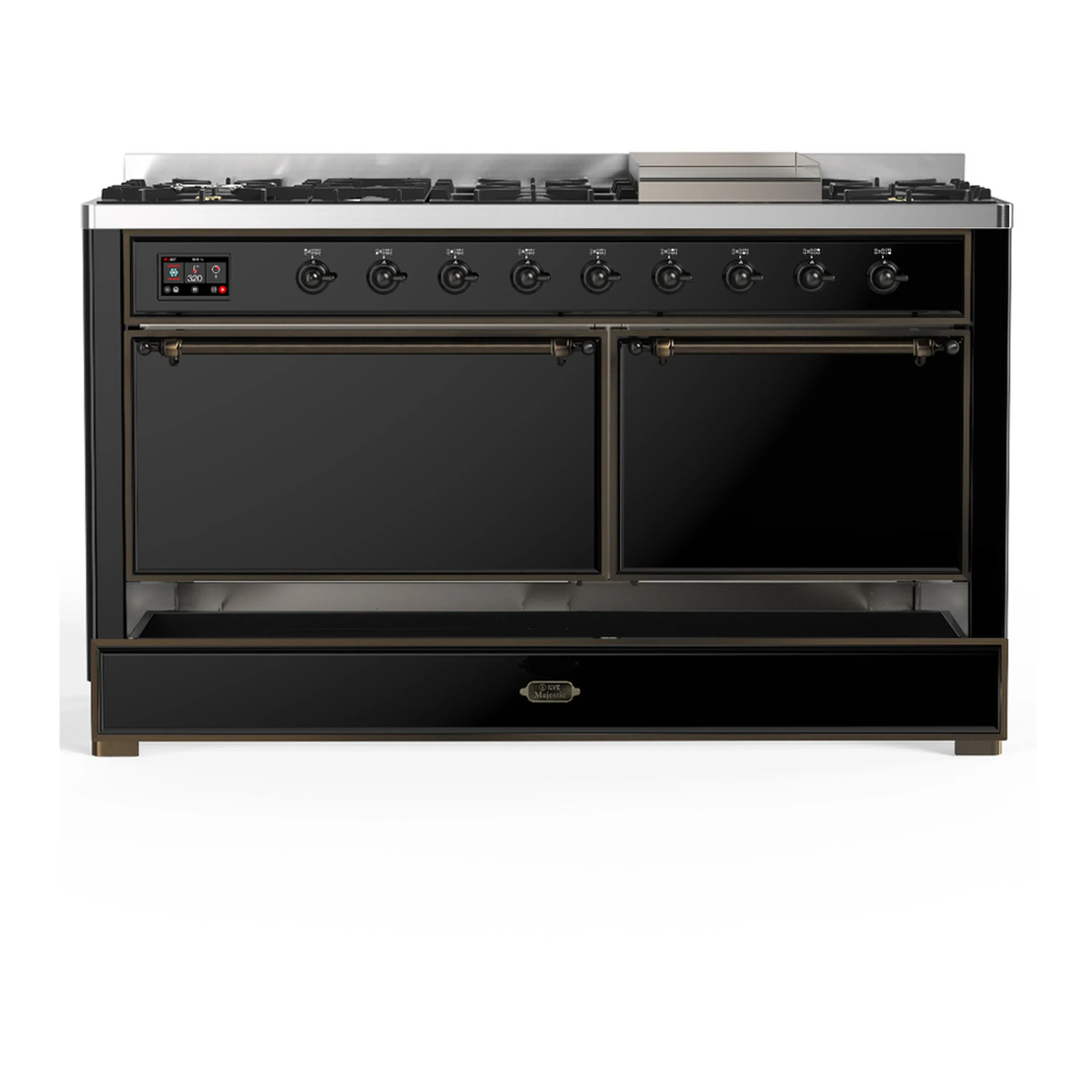 ILVE Majestic III 60-inch Dual Fuel Range with 5 Liquid Propane Burner, Griddle and Solid Door Electric Oven in Glossy Black with Burnished Trim (UM60FQNR3BKBLP) - Image 3
