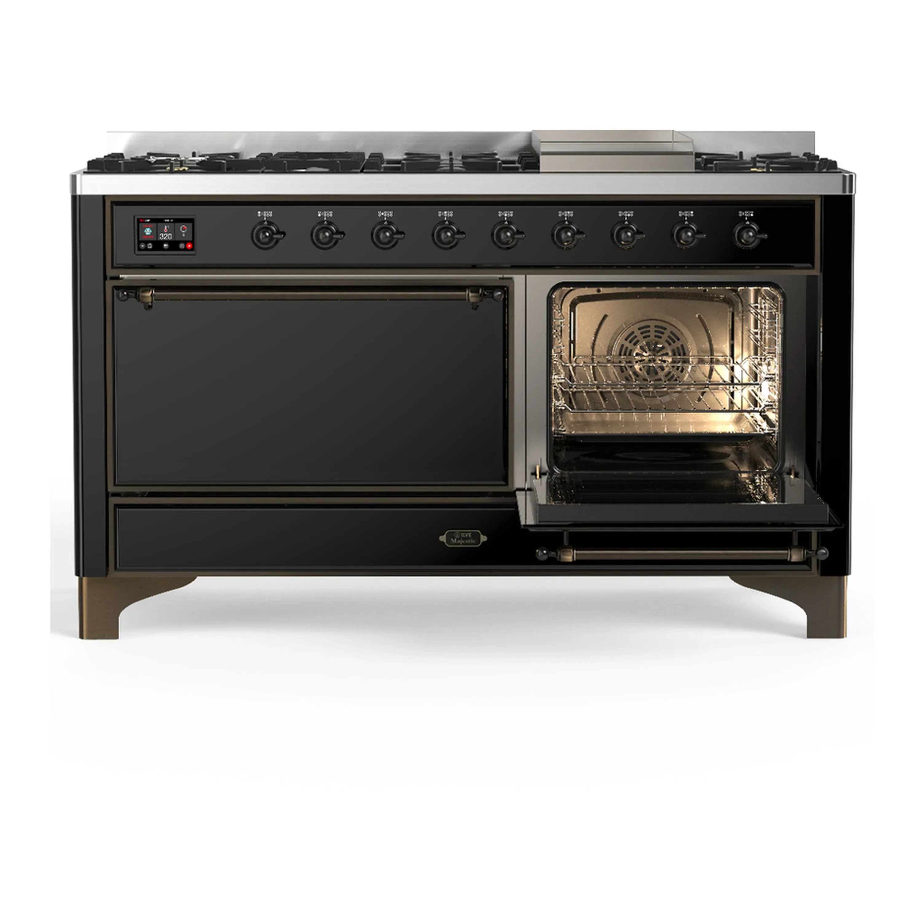 ILVE Majestic III 60-inch Dual Fuel Range with 5 Liquid Propane Burner, Griddle and Solid Door Electric Oven in Glossy Black with Burnished Trim (UM60FQNR3BKBLP) - Image 4