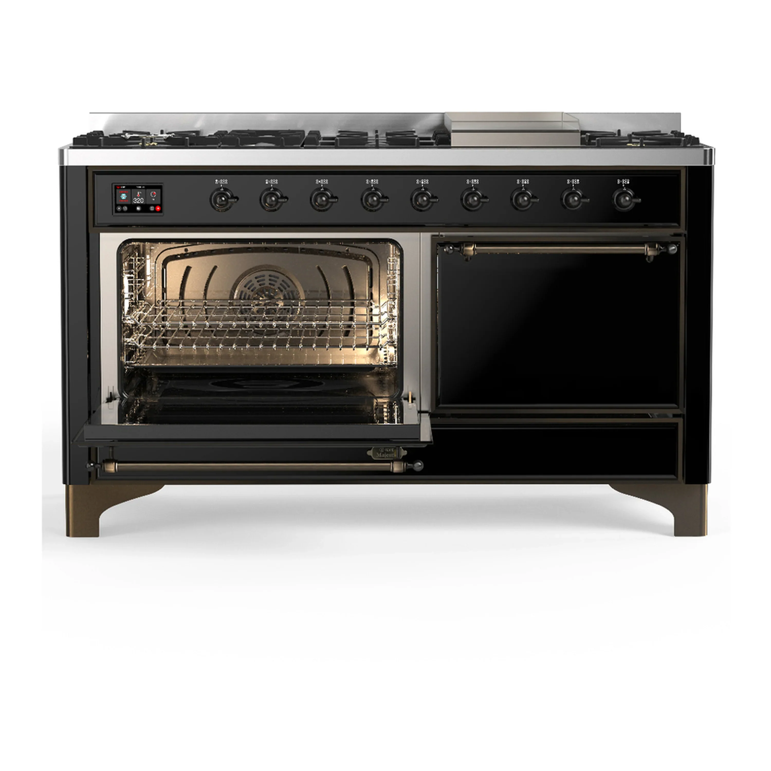 ILVE Majestic III 60-inch Dual Fuel Range with 5 Liquid Propane Burner, Griddle and Solid Door Electric Oven in Glossy Black with Burnished Trim (UM60FQNR3BKBLP) - Image 5