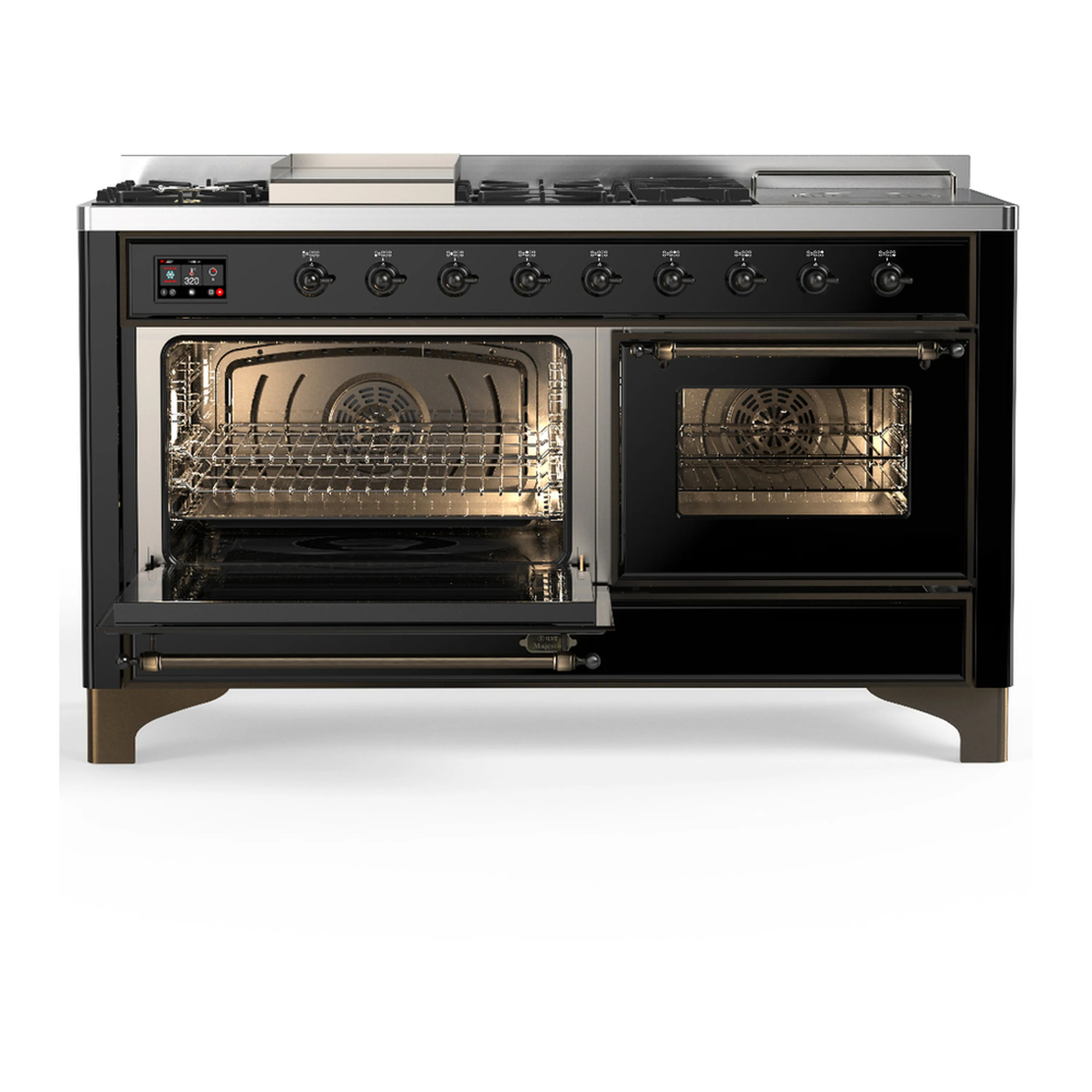 ILVE Majestic III 60-inch Dual Fuel Range with 7 Natural Gas Burner, Griddle, French Top and Triple Glass Door Electric Oven in Glossy Black with Burnished Trim (UM60FSNR3BKB) - Image 5