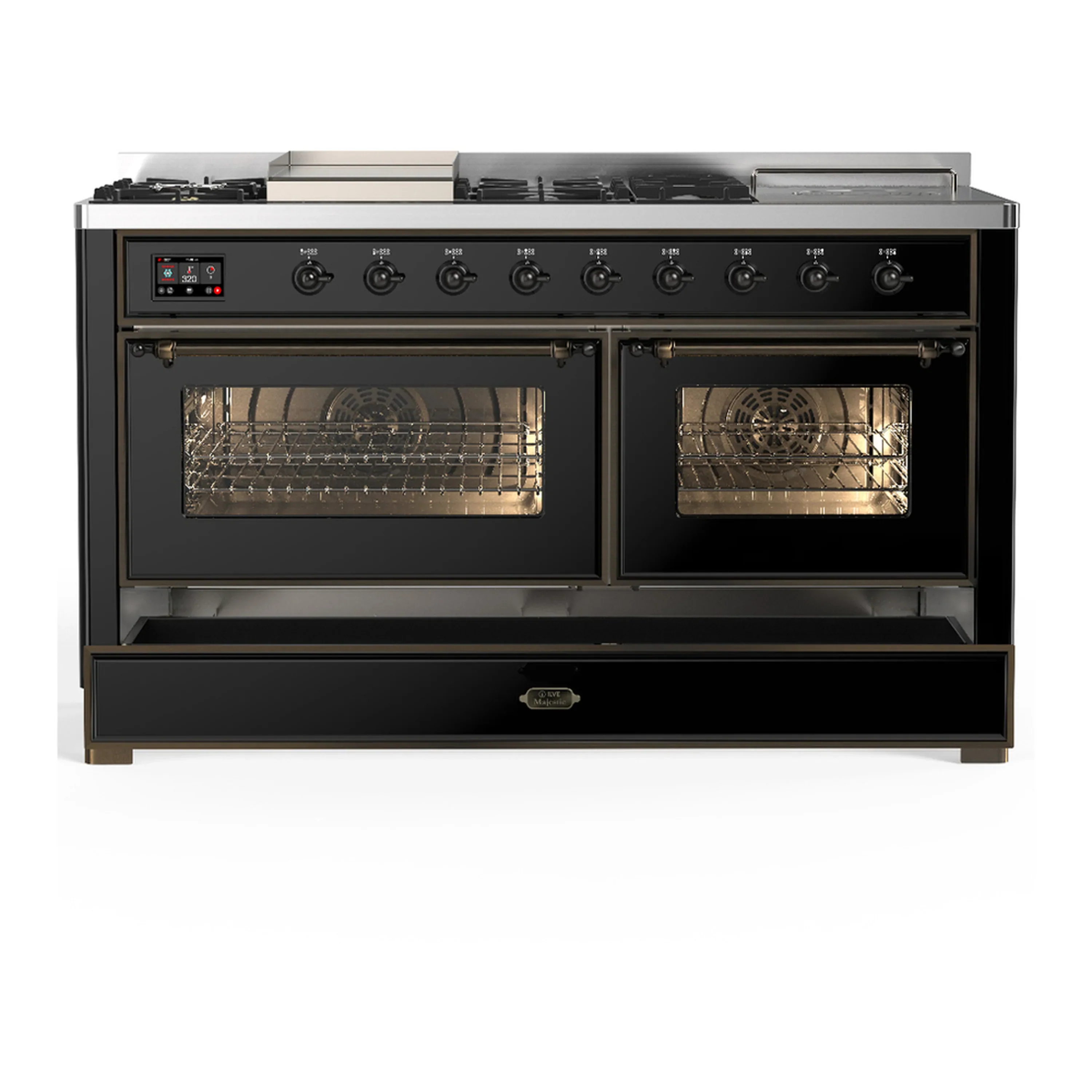 ILVE Majestic III 60-inch Dual Fuel Range with 5 Liquid Propane Burner, Griddle, French Top and Triple Glass Door Electric Oven in Glossy Black with Burnished Trim (UM60FSNR3BKBLP) - Image 3