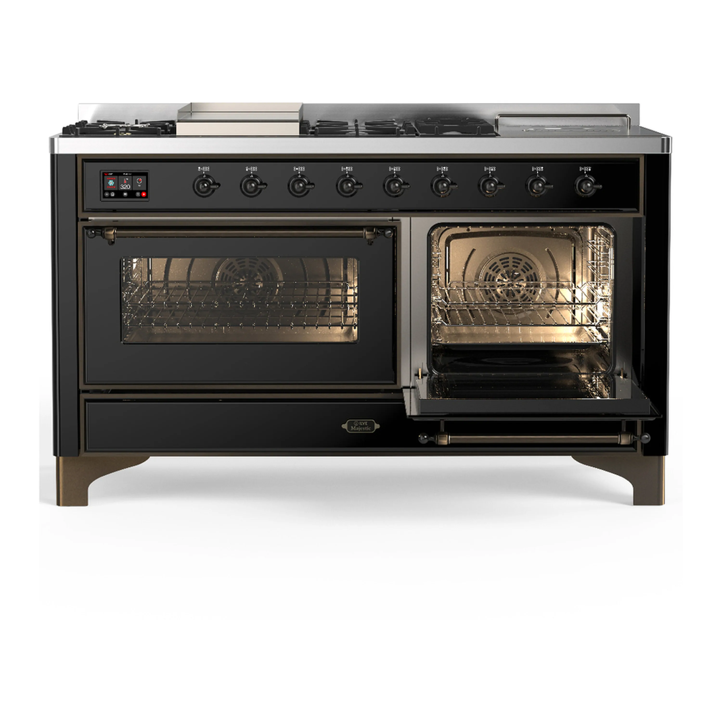 ILVE Majestic III 60-inch Dual Fuel Range with 5 Liquid Propane Burner, Griddle, French Top and Triple Glass Door Electric Oven in Glossy Black with Burnished Trim (UM60FSNR3BKBLP) - Image 4