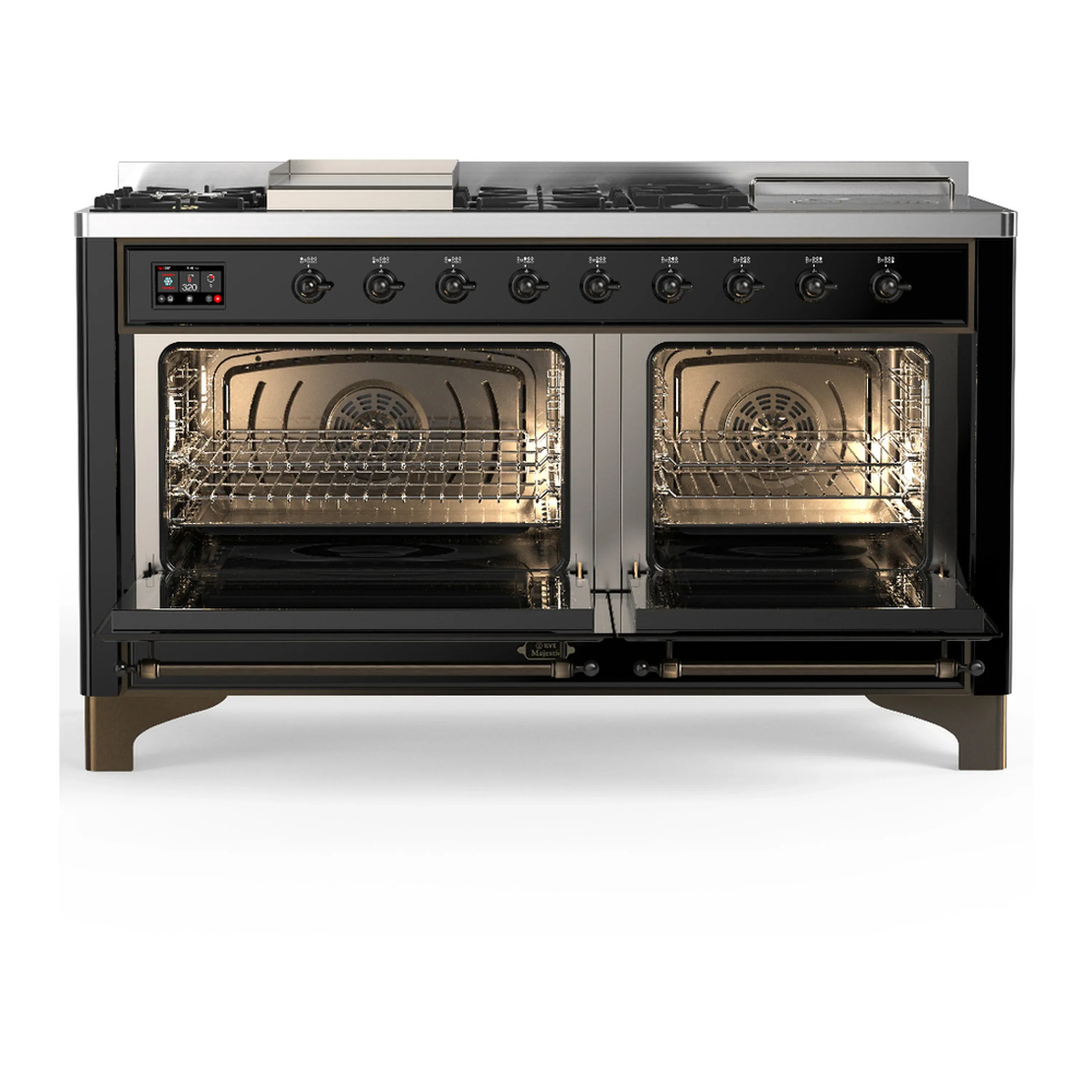 ILVE Majestic III 60-inch Dual Fuel Range with 5 Liquid Propane Burner, Griddle, French Top and Triple Glass Door Electric Oven in Glossy Black with Burnished Trim (UM60FSNR3BKBLP) - Image 6