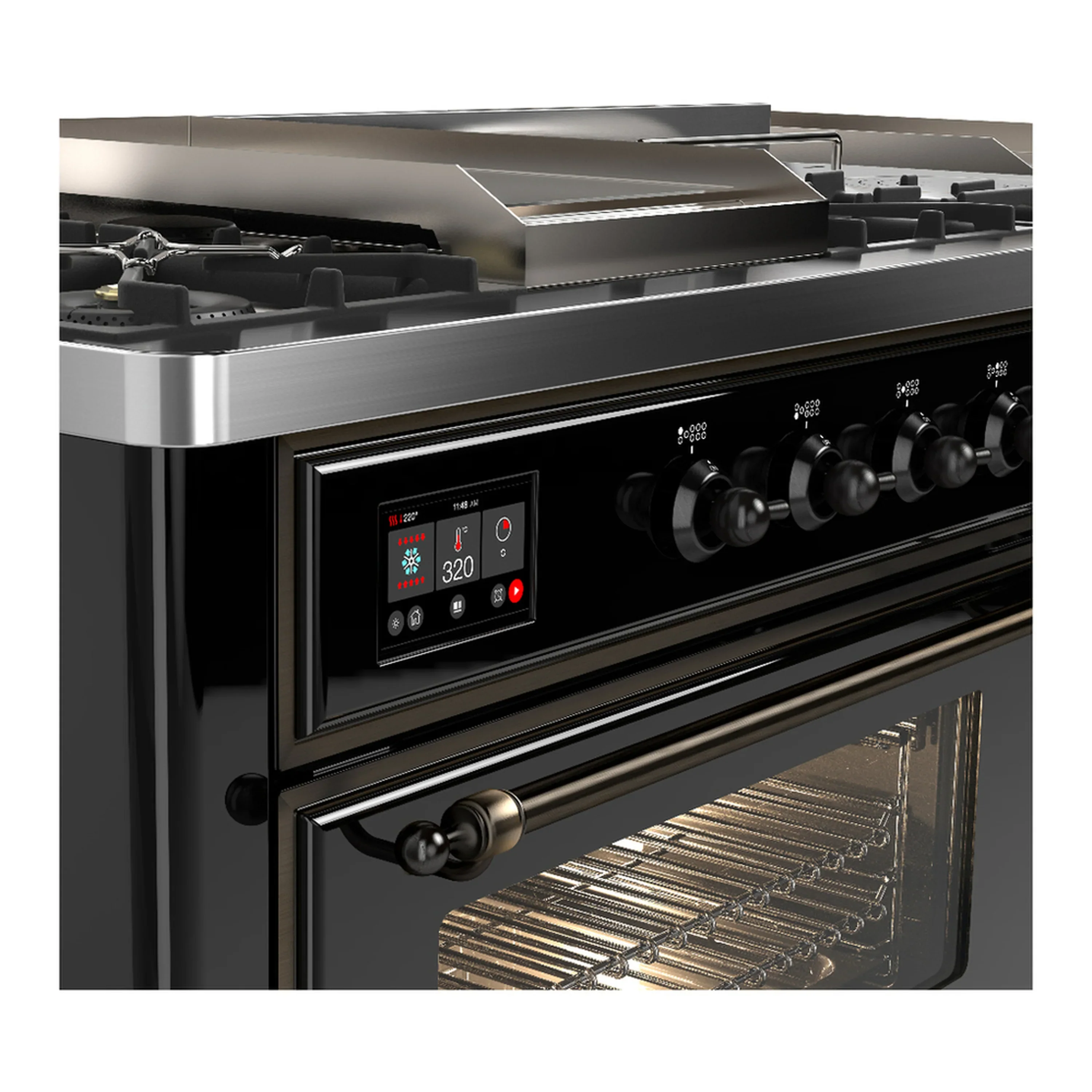 ILVE Majestic III 60-inch Dual Fuel Range with 5 Liquid Propane Burner, Griddle, French Top and Triple Glass Door Electric Oven in Glossy Black with Burnished Trim (UM60FSNR3BKBLP) - Image 7