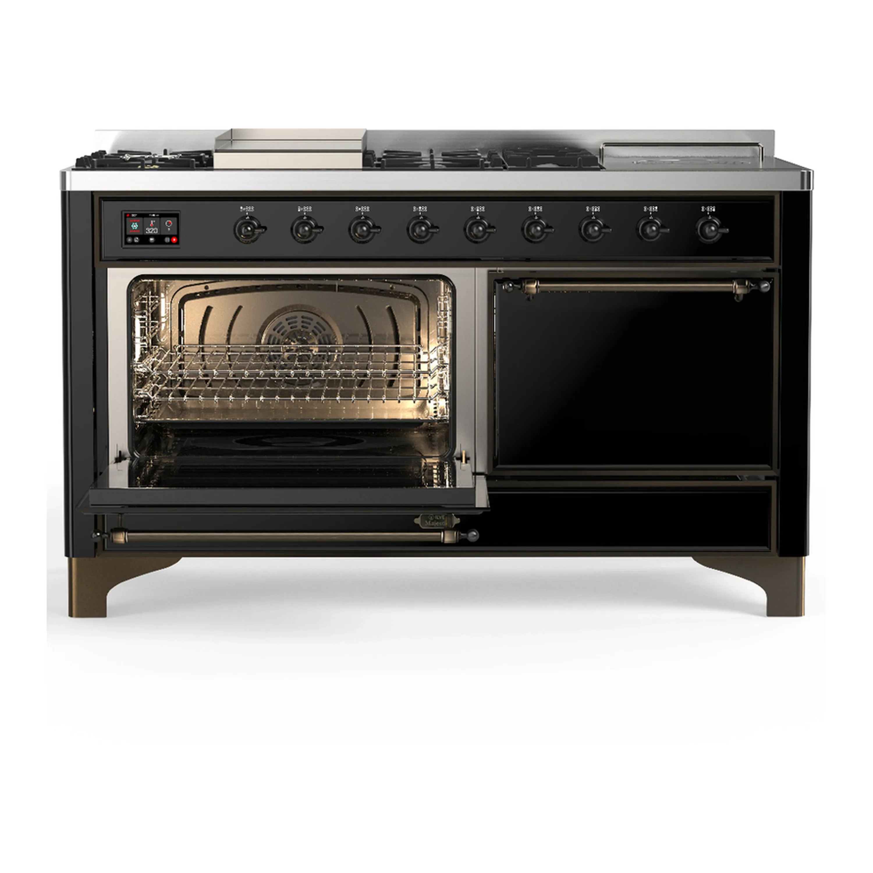 ILVE Majestic III 60-inch Dual Fuel Range with 7 Natural Gas Burner, Griddle, French Top and Solid Door Electric Oven in Glossy Black with Burnished Trim (UM60FSQNR3BKB) - Image 5