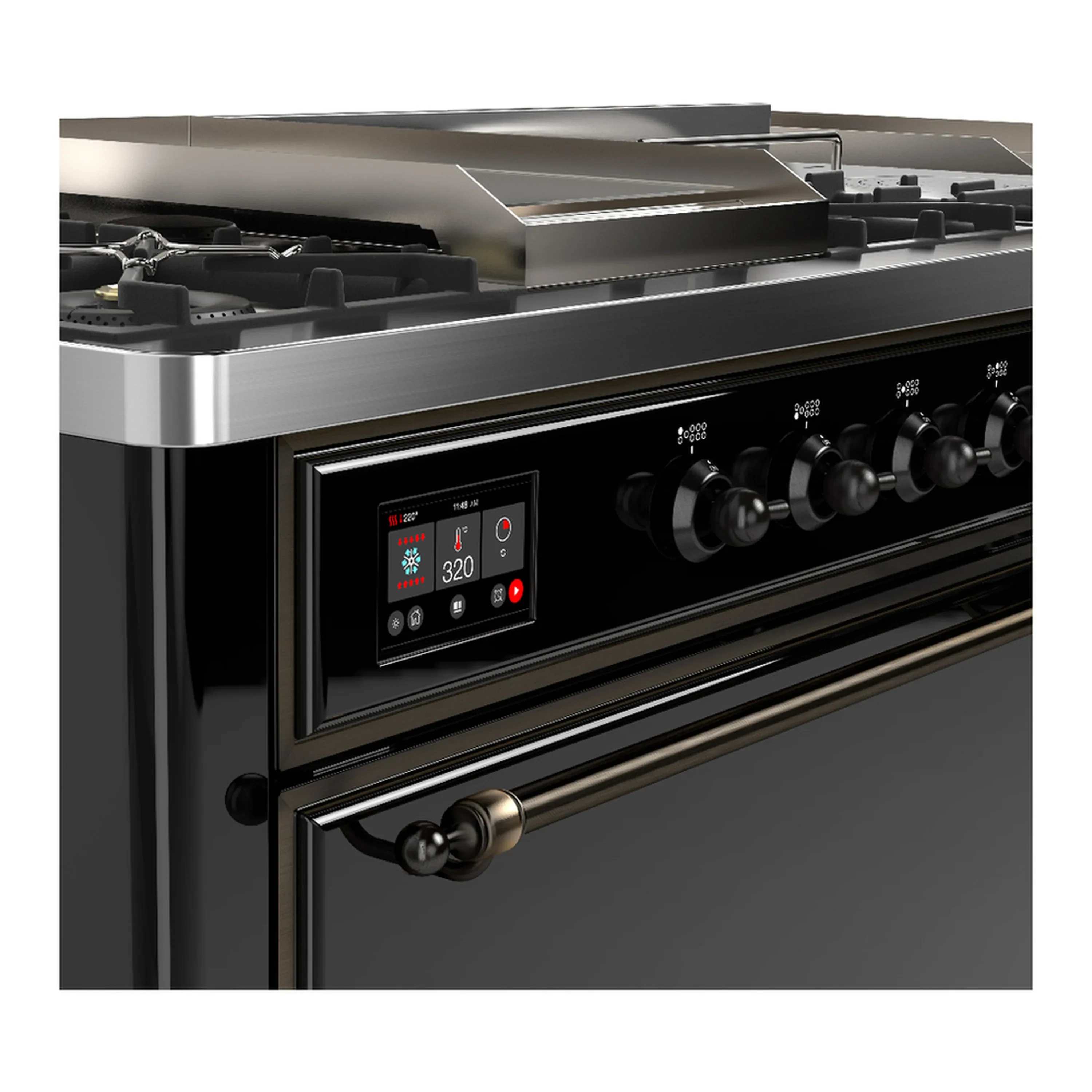 ILVE Majestic III 60-inch Dual Fuel Range with 7 Natural Gas Burner, Griddle, French Top and Solid Door Electric Oven in Glossy Black with Burnished Trim (UM60FSQNR3BKB) - Image 7