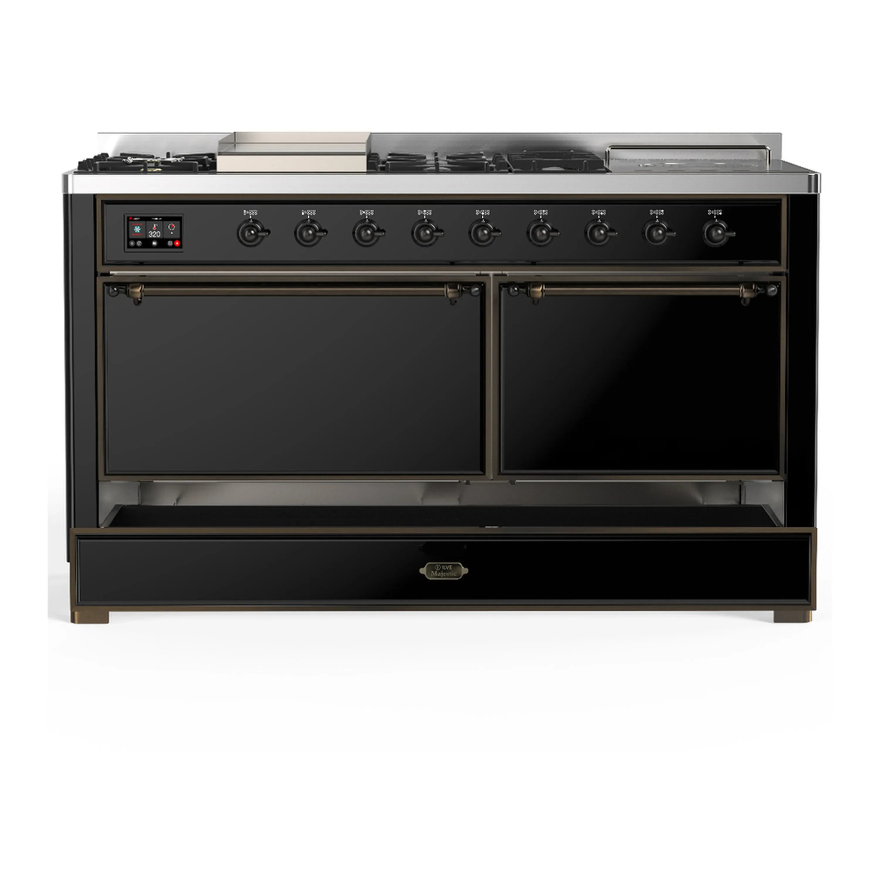 ILVE Majestic III 60-inch Dual Fuel Range with 5 Liquid Propane Burner, Griddle, French Top and Solid Door Electric Oven in Glossy Black with Burnished Trim (UM60FSQNR3BKBLP) - Image 3