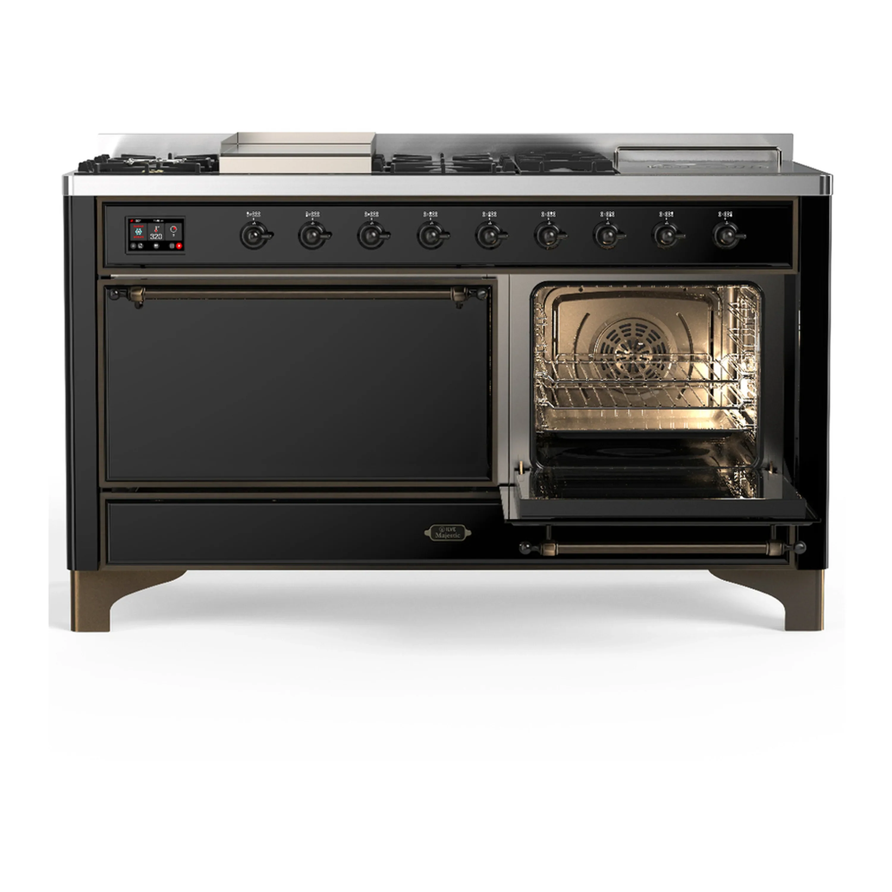 ILVE Majestic III 60-inch Dual Fuel Range with 5 Liquid Propane Burner, Griddle, French Top and Solid Door Electric Oven in Glossy Black with Burnished Trim (UM60FSQNR3BKBLP) - Image 4