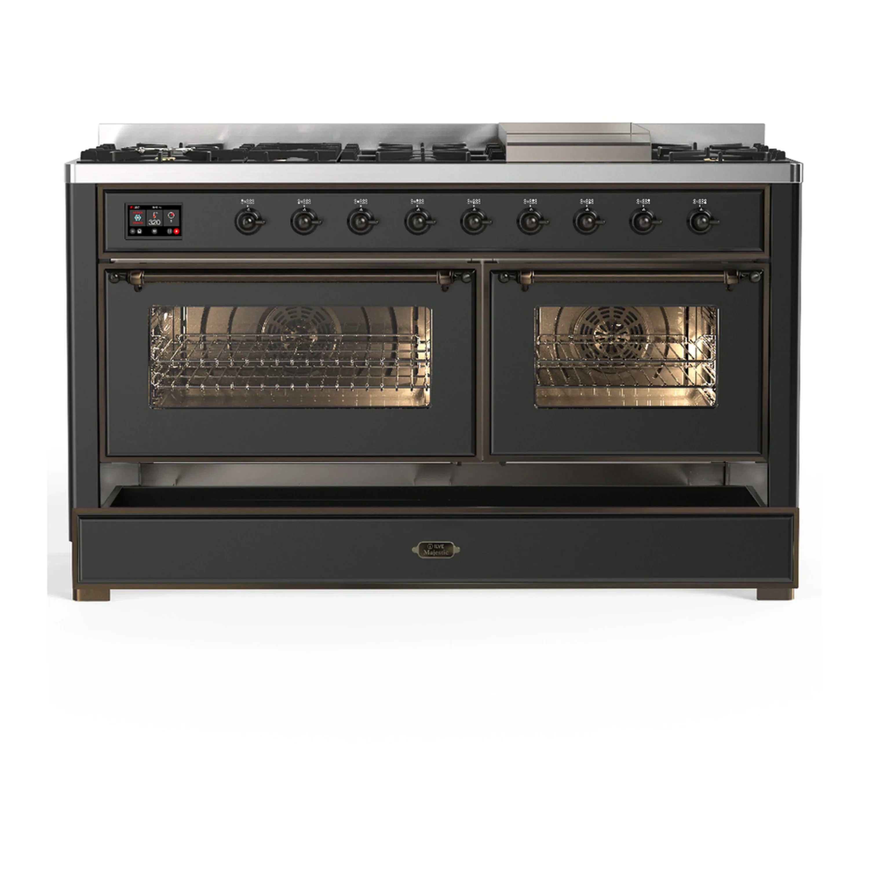 ILVE Majestic III 60-inch Dual Fuel Range with 7 Natural Gas Burner, Griddle and Triple Glass Door Electric Oven in Graphite Matte with Burnished Trim (UM60FNR3MGB) - Image 3