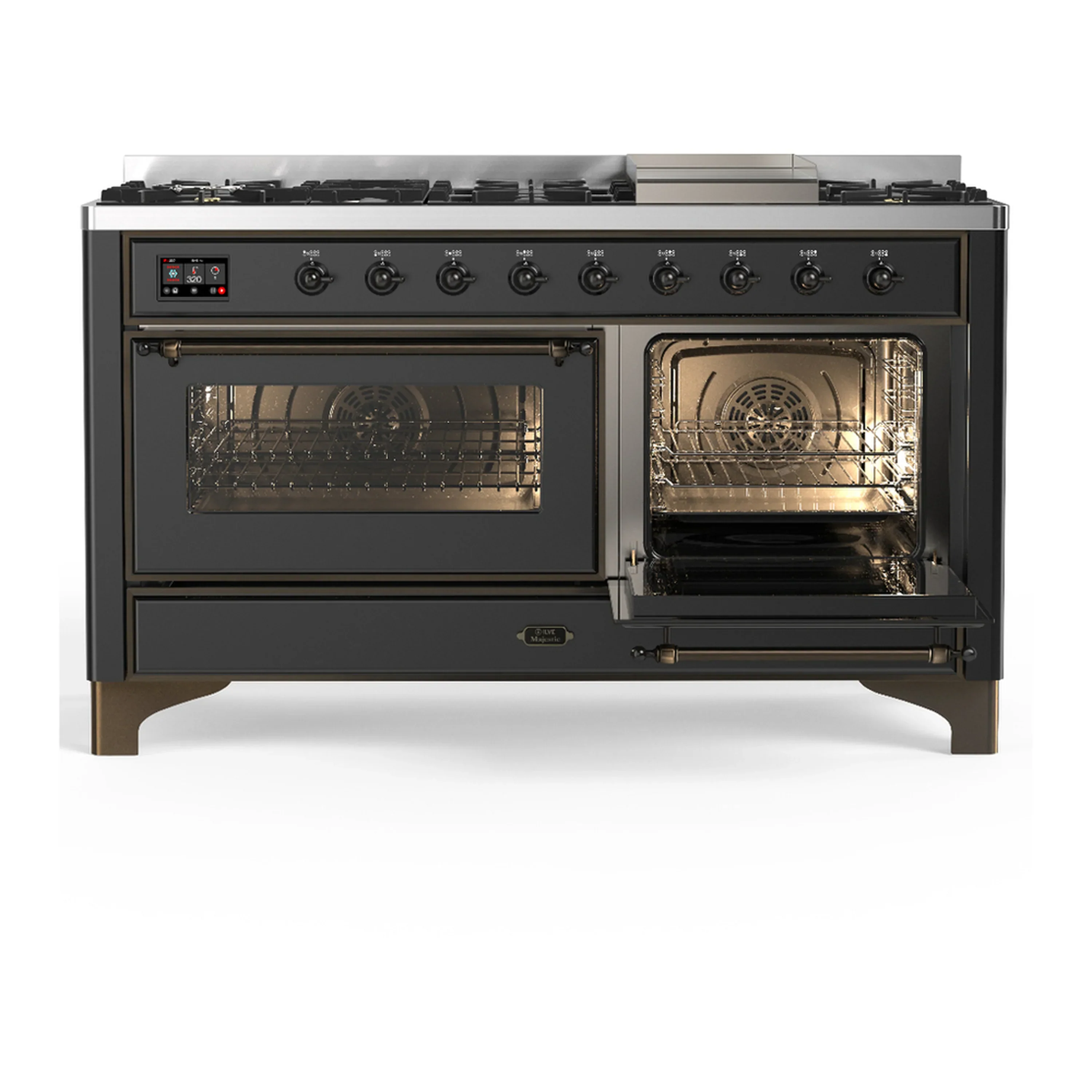 ILVE Majestic III 60-inch Dual Fuel Range with 5 Liquid Propane Burner, Griddle and Triple Glass Door Electric Oven in Graphite Matte with Burnished Trim (UM60FNR3MGBLP) - Image 4