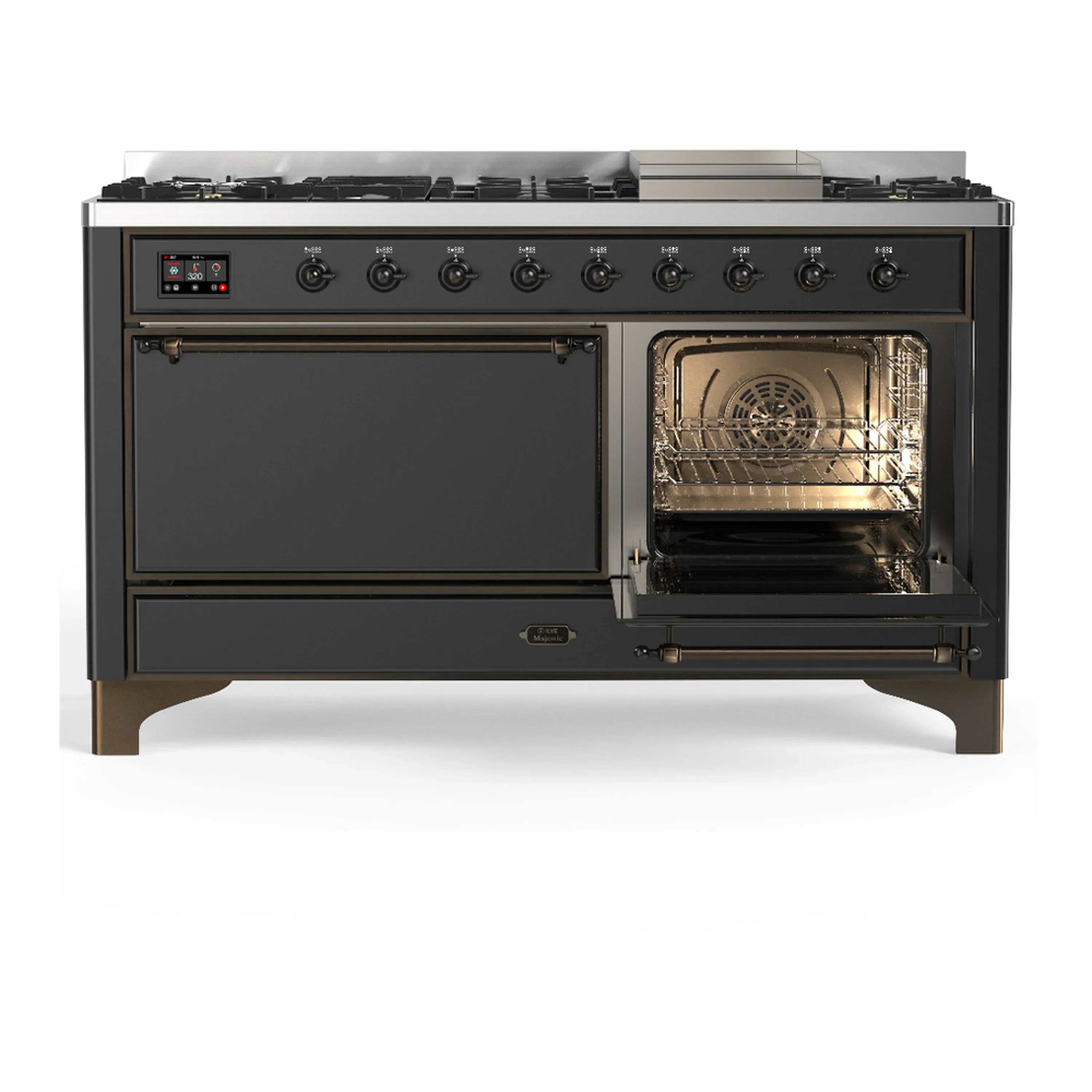 ILVE Majestic III 60-inch Dual Fuel Range with 7 Natural Gas Burner, Griddle and Solid Door Electric Oven in Graphite Matte with Burnished Trim (UM60FQNR3MGB) - Image 4