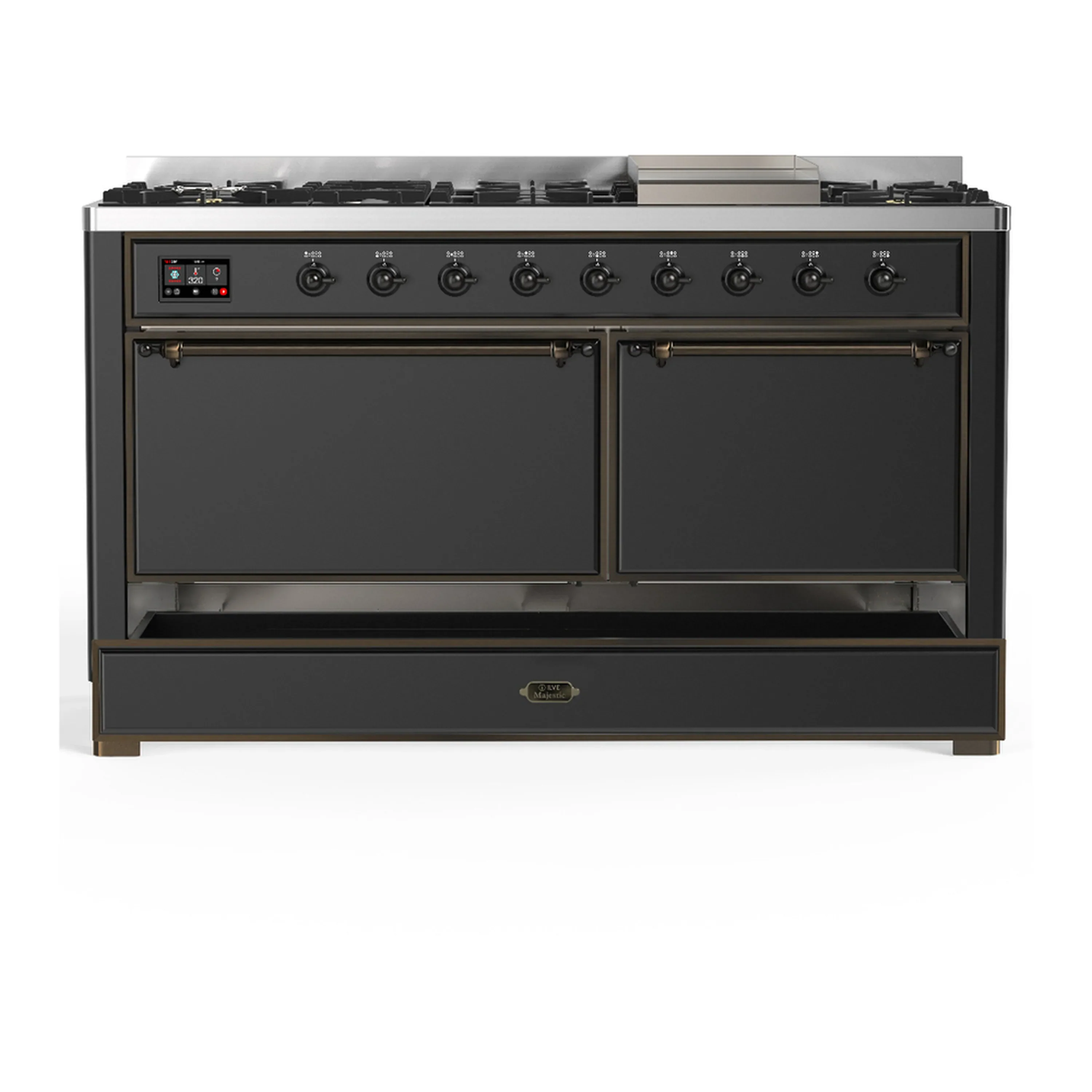 ILVE Majestic III 60-inch Dual Fuel Range with 5 Liquid Propane Burner, Griddle and Solid Door Electric Oven in Graphite Matte with Burnished Trim (UM60FQNR3MGBLP) - Image 3