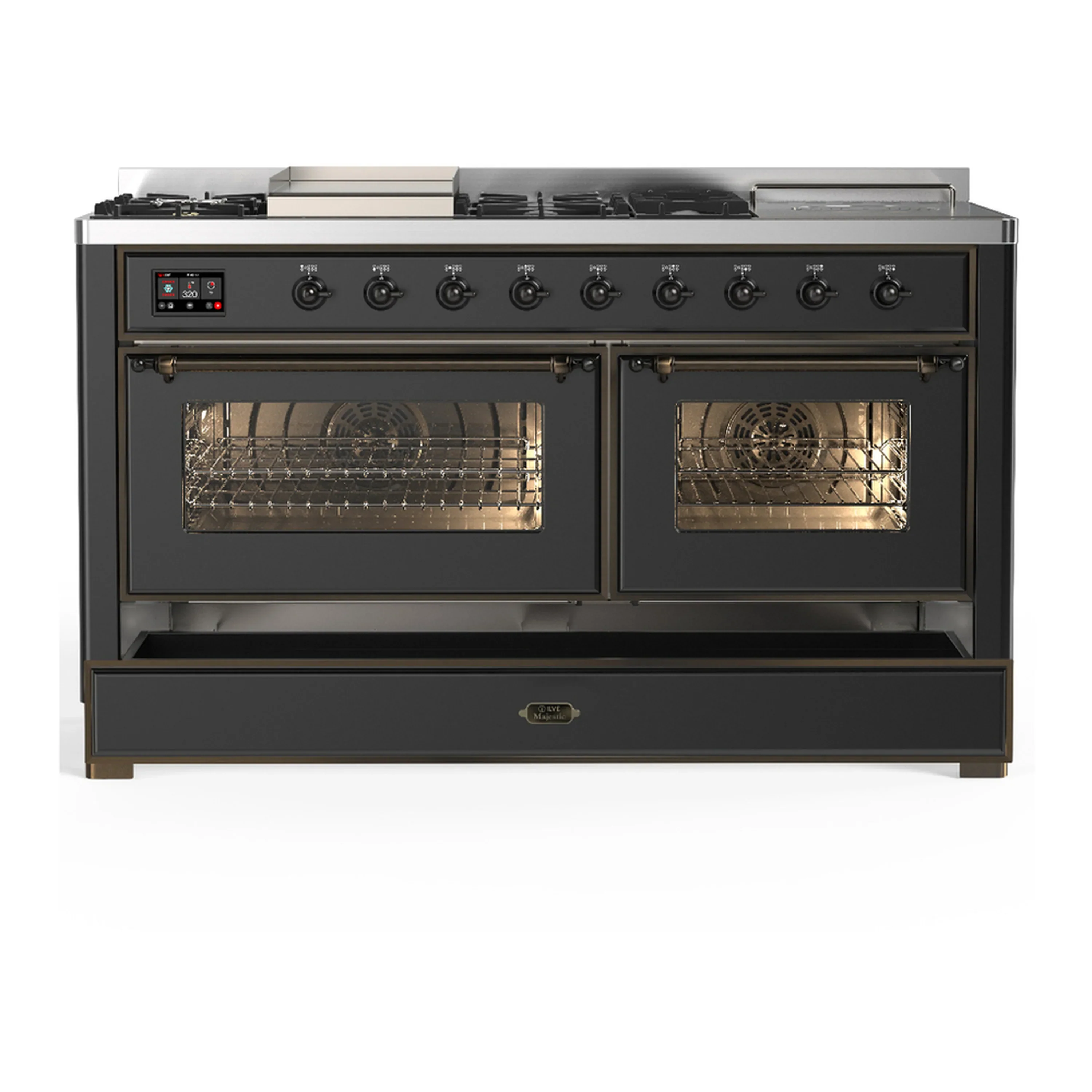 ILVE Majestic III 60-inch Dual Fuel Range with 7 Natural Gas Burner, Griddle, French Top and Triple Glass Door Electric Oven in Graphite Matte with Burnished Trim (UM60FSNR3MGB) - Image 3