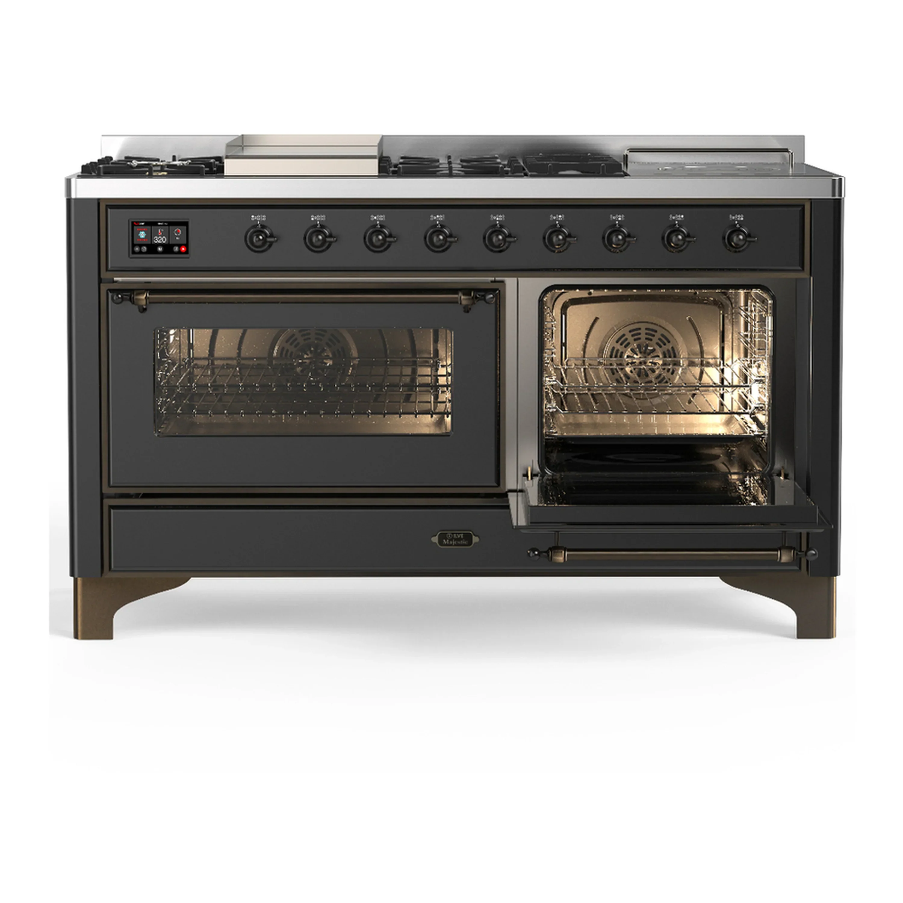ILVE Majestic III 60-inch Dual Fuel Range with 5 Liquid Propane Burner, Griddle, French Top and Triple Glass Door Electric Oven in Graphite Matte with Burnished Trim (UM60FSNR3MGBLP) - Image 4