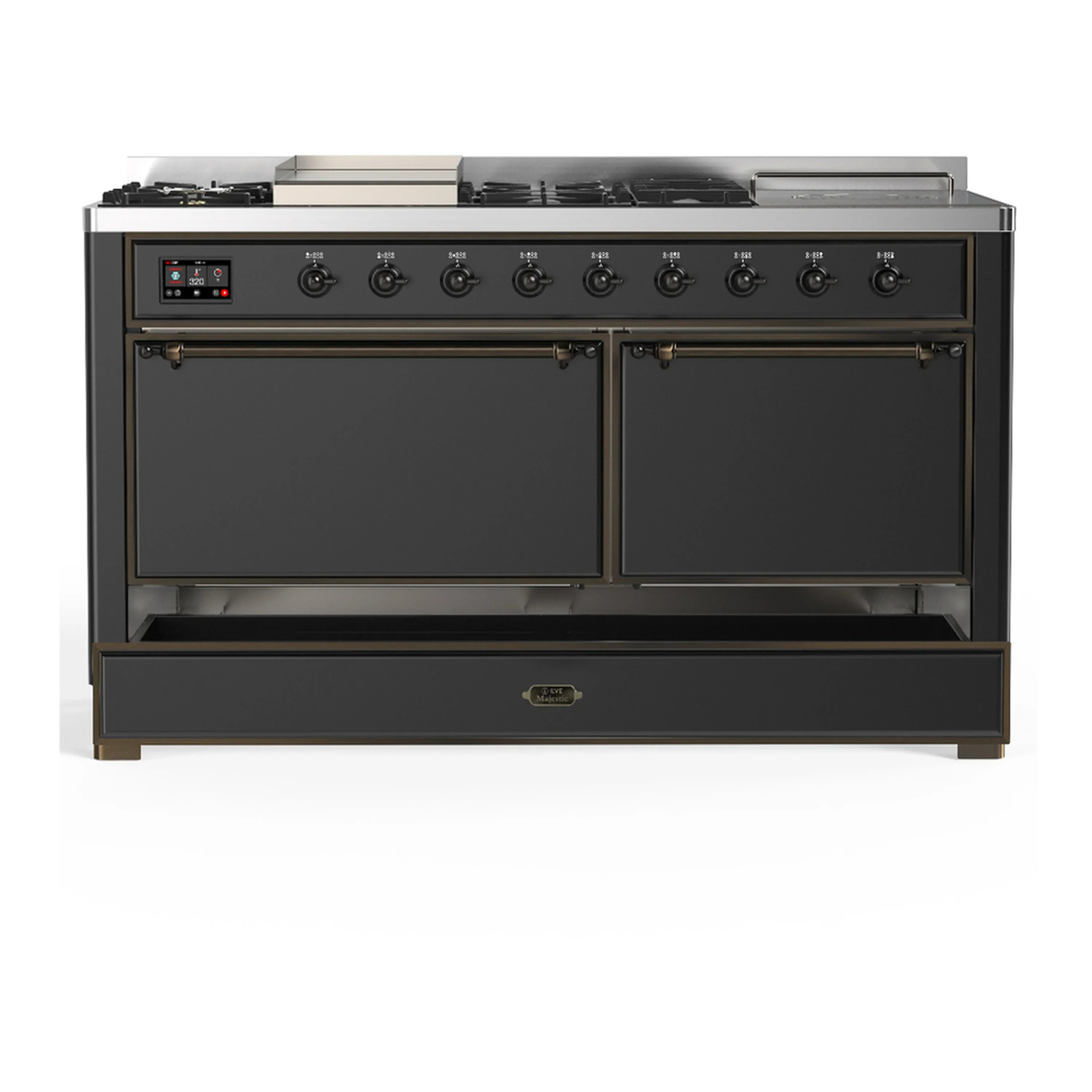 ILVE Majestic III 60-inch Dual Fuel Range with 7 Natural Gas Burner, Griddle, French Top and Solid Door Electric Oven in Graphite Matte with Burnished Trim (UM60FSQNR3MGB) - Image 3