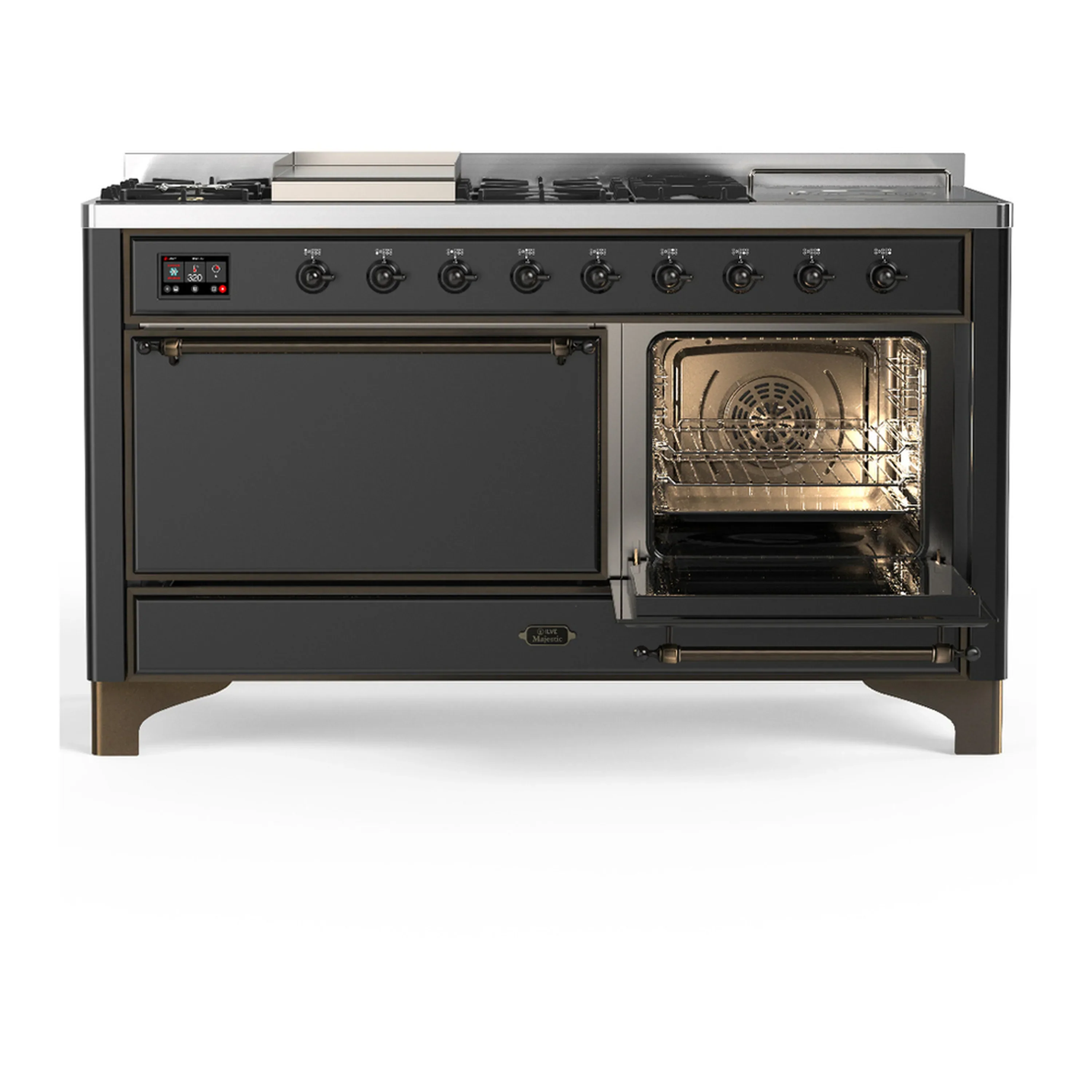 ILVE Majestic III 60-inch Dual Fuel Range with 5 Liquid Propane Burner, Griddle, French Top and Solid Door Electric Oven in Graphite Matte with Burnished Trim (UM60FSQNR3MGBLP) - Image 4