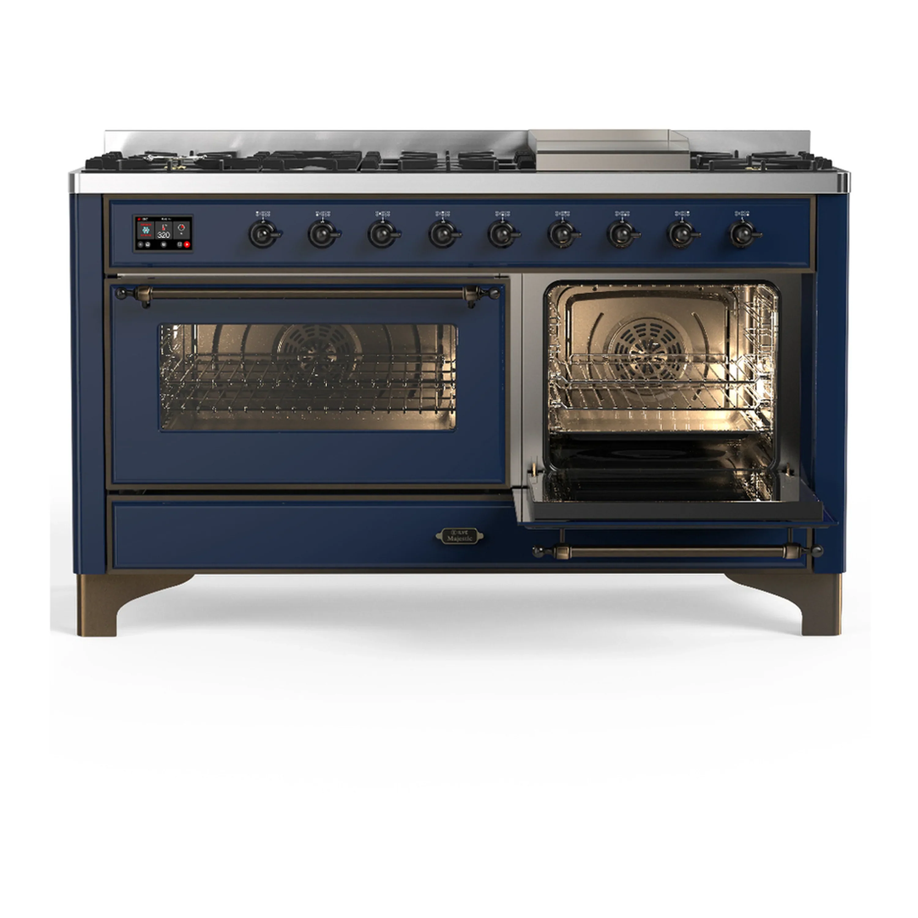 ILVE Majestic III 60-inch Dual Fuel Range with 7 Natural Gas Burner, Griddle and Triple Glass Door Electric Oven in Midnight Blue with Burnished Trim (UM60FNR3MBB) - Image 4