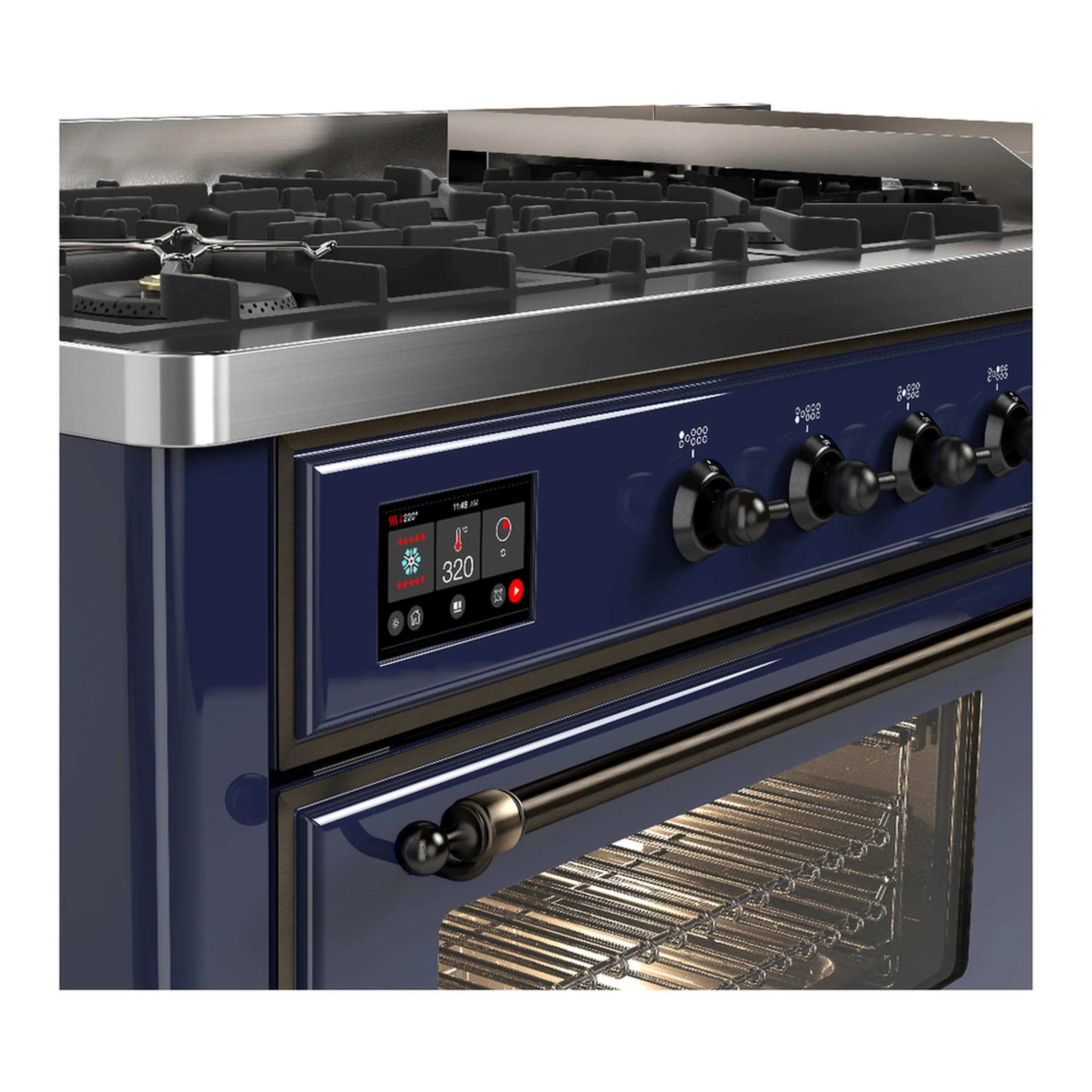 ILVE Majestic III 60-inch Dual Fuel Range with 7 Natural Gas Burner, Griddle and Triple Glass Door Electric Oven in Midnight Blue with Burnished Trim (UM60FNR3MBB) - Image 7