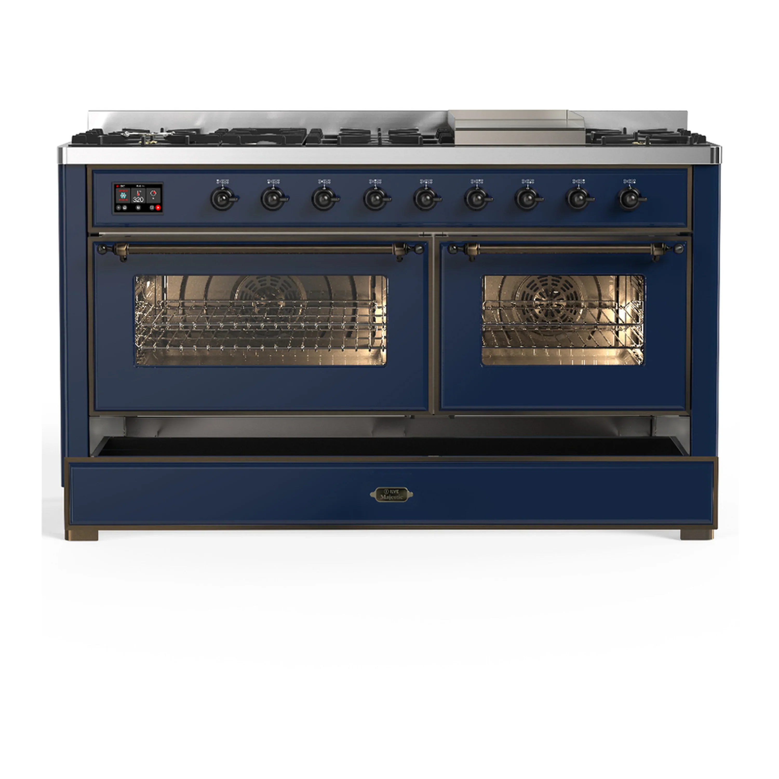 ILVE Majestic III 60-inch Dual Fuel Range with 5 Liquid Propane Burner, Griddle and Triple Glass Door Electric Oven in Midnight Blue with Burnished Trim (UM60FNR3MBBLP) - Image 3