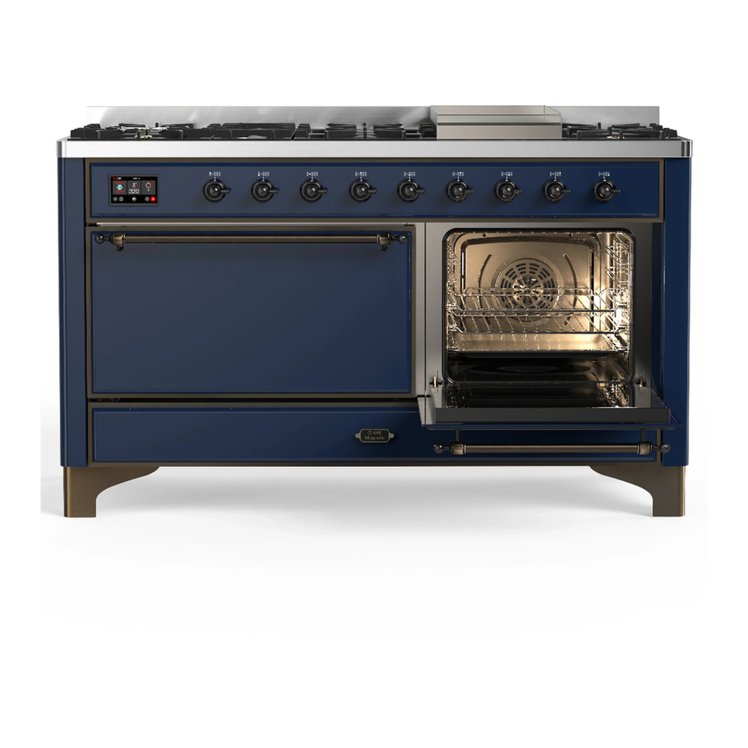 ILVE Majestic III 60-inch Dual Fuel Range with 5 Liquid Propane Burner, Griddle and Solid Door Electric Oven in Midnight Blue with Burnished Trim (UM60FQNR3MBBLP) - Image 4