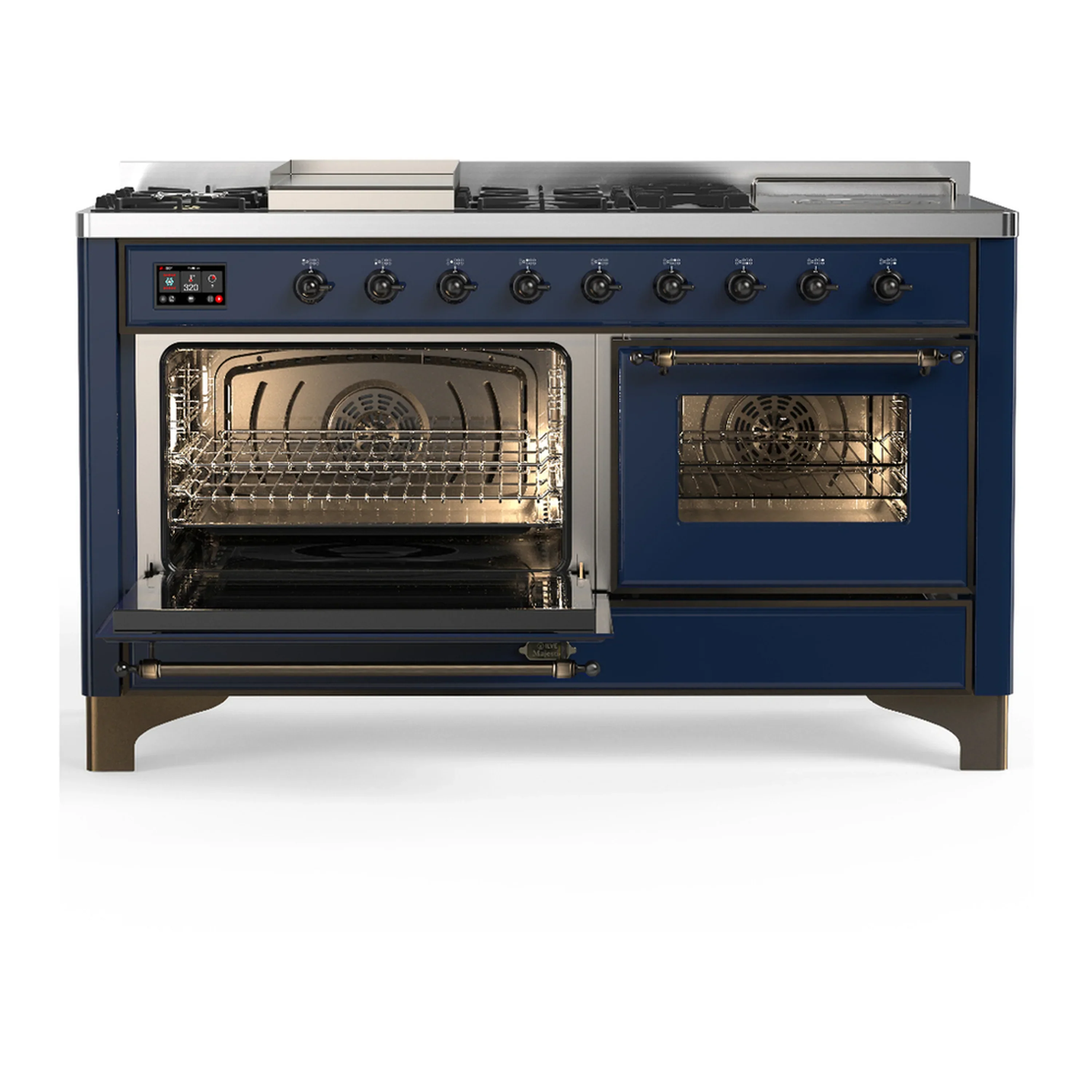ILVE Majestic III 60-inch Dual Fuel Range with 7 Natural Gas Burner, Griddle, French Top and Triple Glass Door Electric Oven in Midnight Blue with Burnished Trim (UM60FSNR3MBB) - Image 5