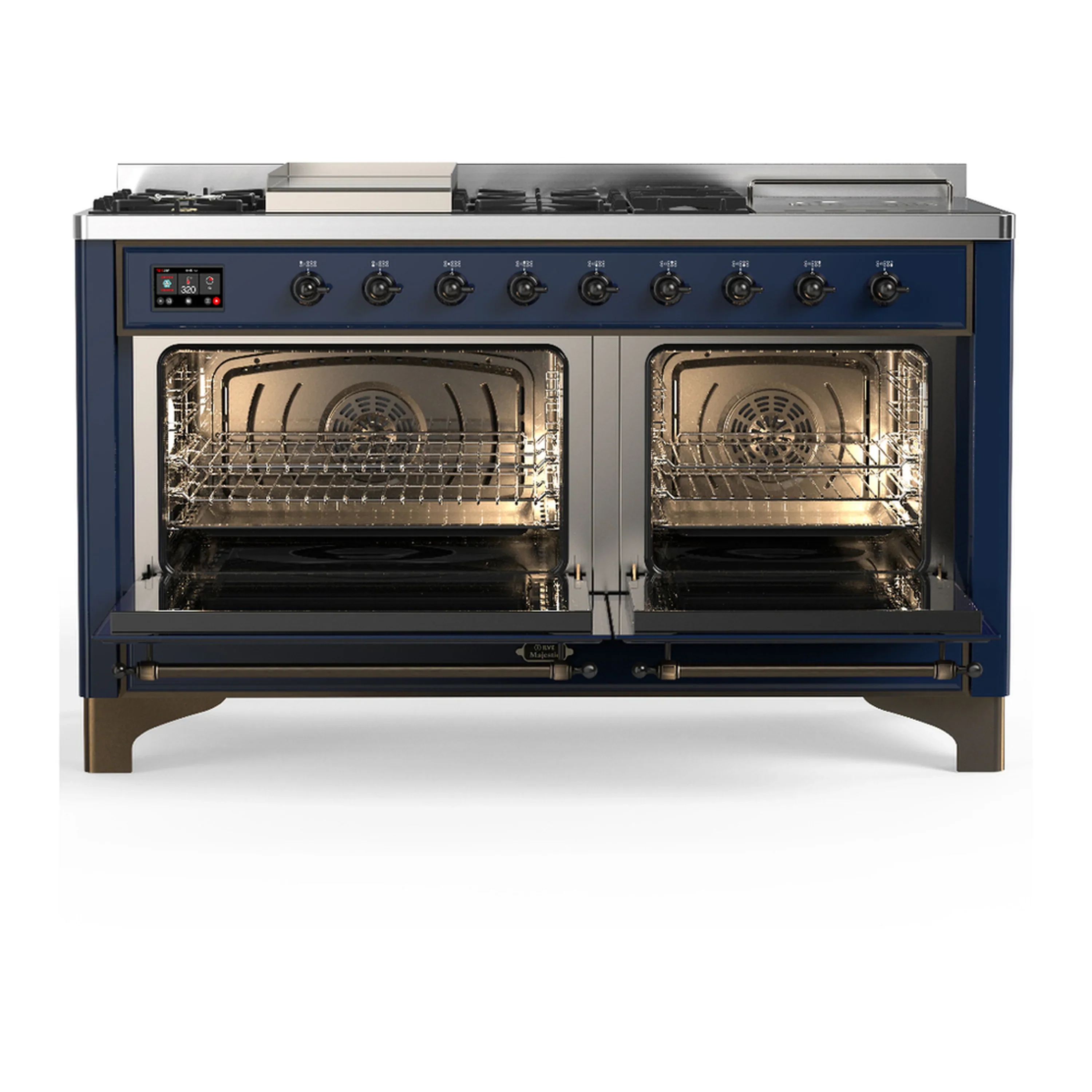 ILVE Majestic III 60-inch Dual Fuel Range with 7 Natural Gas Burner, Griddle, French Top and Triple Glass Door Electric Oven in Midnight Blue with Burnished Trim (UM60FSNR3MBB) - Image 6