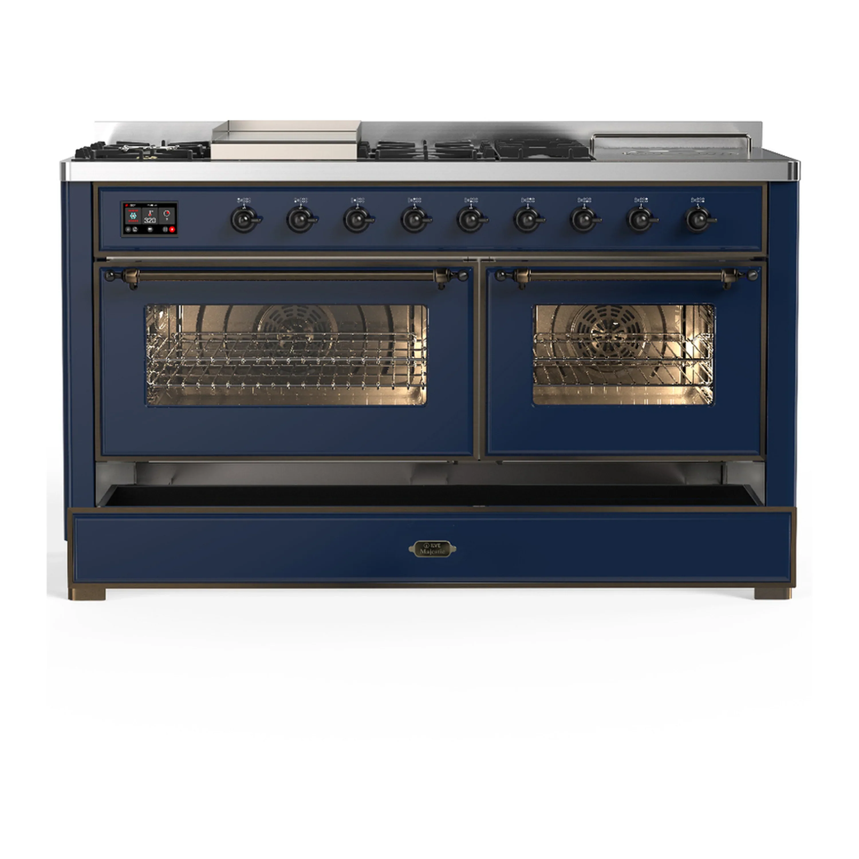 ILVE Majestic III 60-inch Dual Fuel Range with 5 Liquid Propane Burner, Griddle, French Top and Triple Glass Door Electric Oven in Midnight Blue with Burnished Trim (UM60FSNR3MBBLP) - Image 3