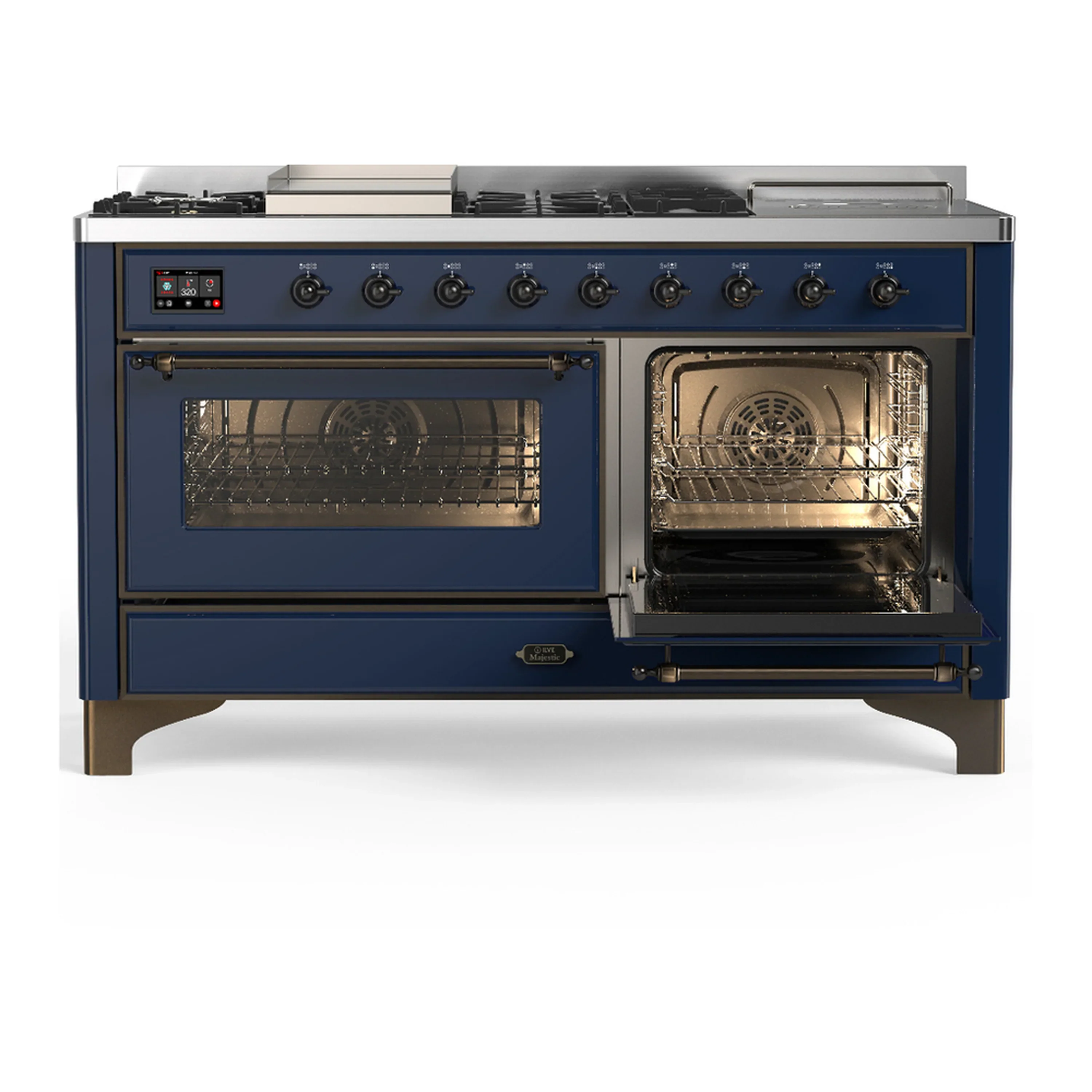 ILVE Majestic III 60-inch Dual Fuel Range with 5 Liquid Propane Burner, Griddle, French Top and Triple Glass Door Electric Oven in Midnight Blue with Burnished Trim (UM60FSNR3MBBLP) - Image 4