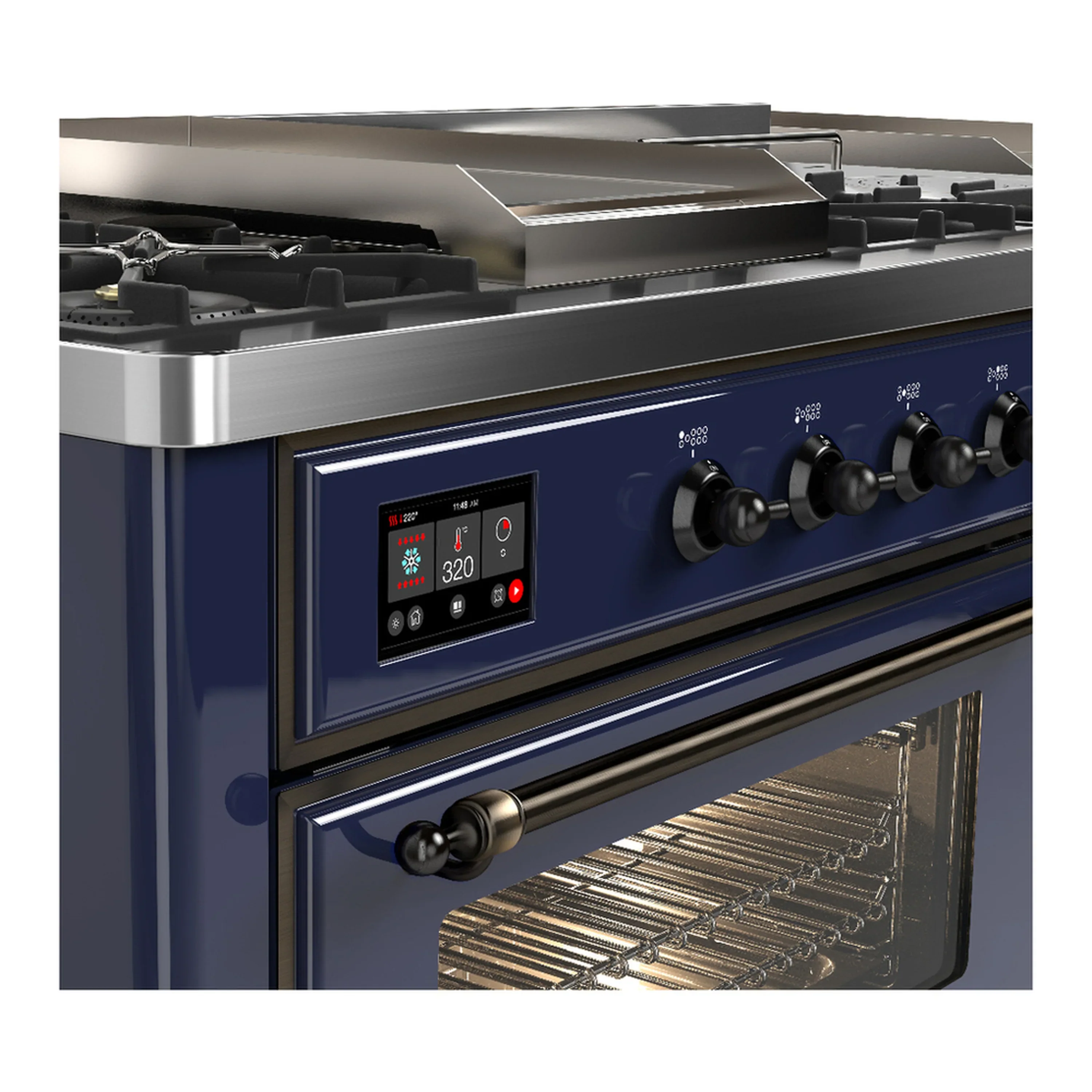 ILVE Majestic III 60-inch Dual Fuel Range with 5 Liquid Propane Burner, Griddle, French Top and Triple Glass Door Electric Oven in Midnight Blue with Burnished Trim (UM60FSNR3MBBLP) - Image 7