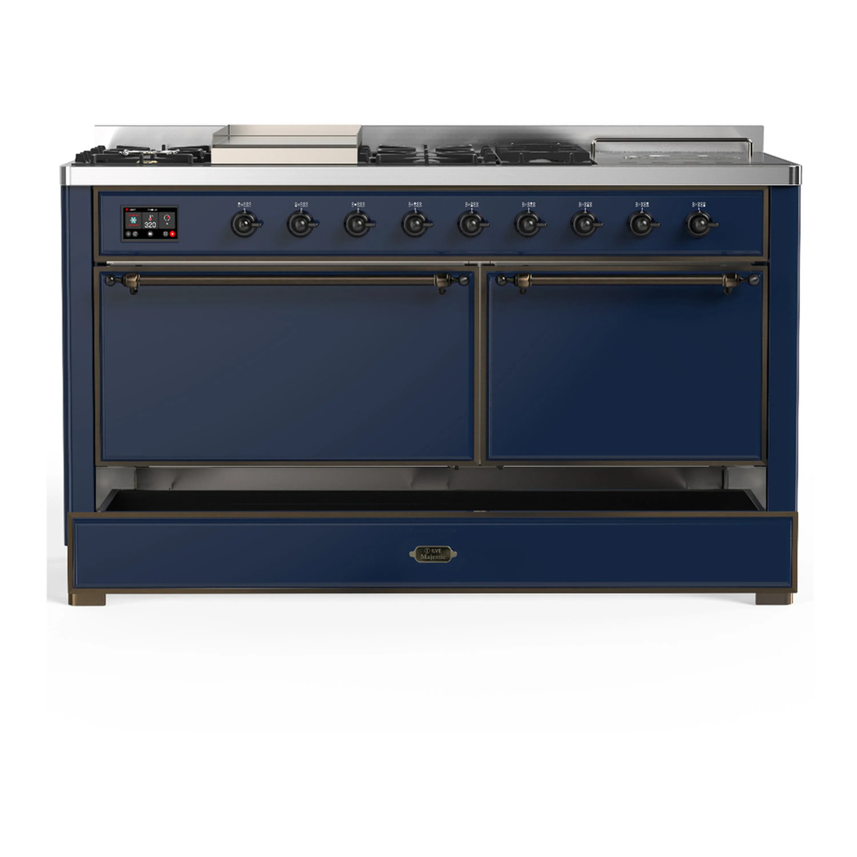 ILVE Majestic III 60-inch Dual Fuel Range with 5 Liquid Propane Burner, Griddle, French Top and Solid Door Electric Oven in Midnight Blue with Burnished Trim (UM60FSQNR3MBBLP) - Image 3