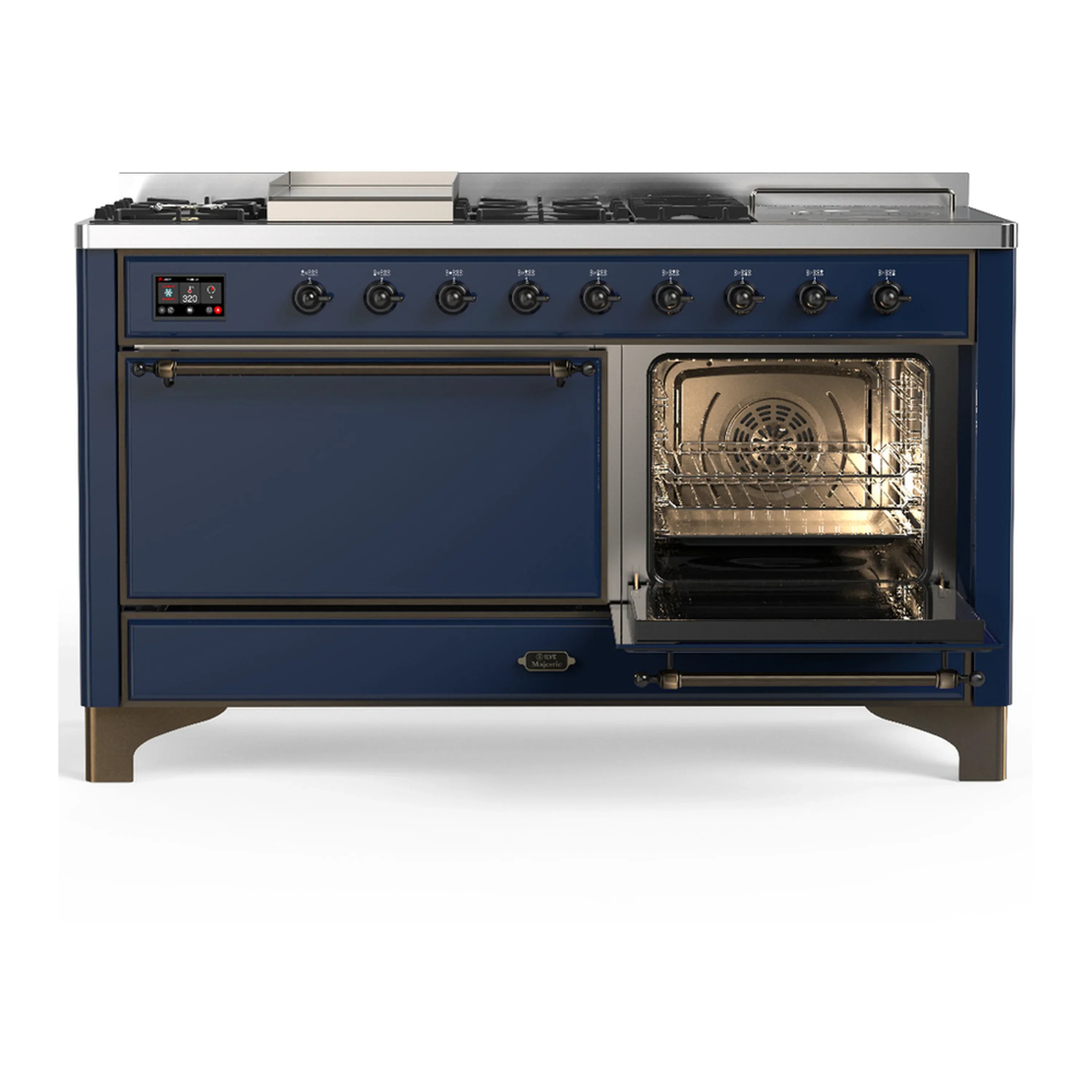 ILVE Majestic III 60-inch Dual Fuel Range with 5 Liquid Propane Burner, Griddle, French Top and Solid Door Electric Oven in Midnight Blue with Burnished Trim (UM60FSQNR3MBBLP) - Image 4