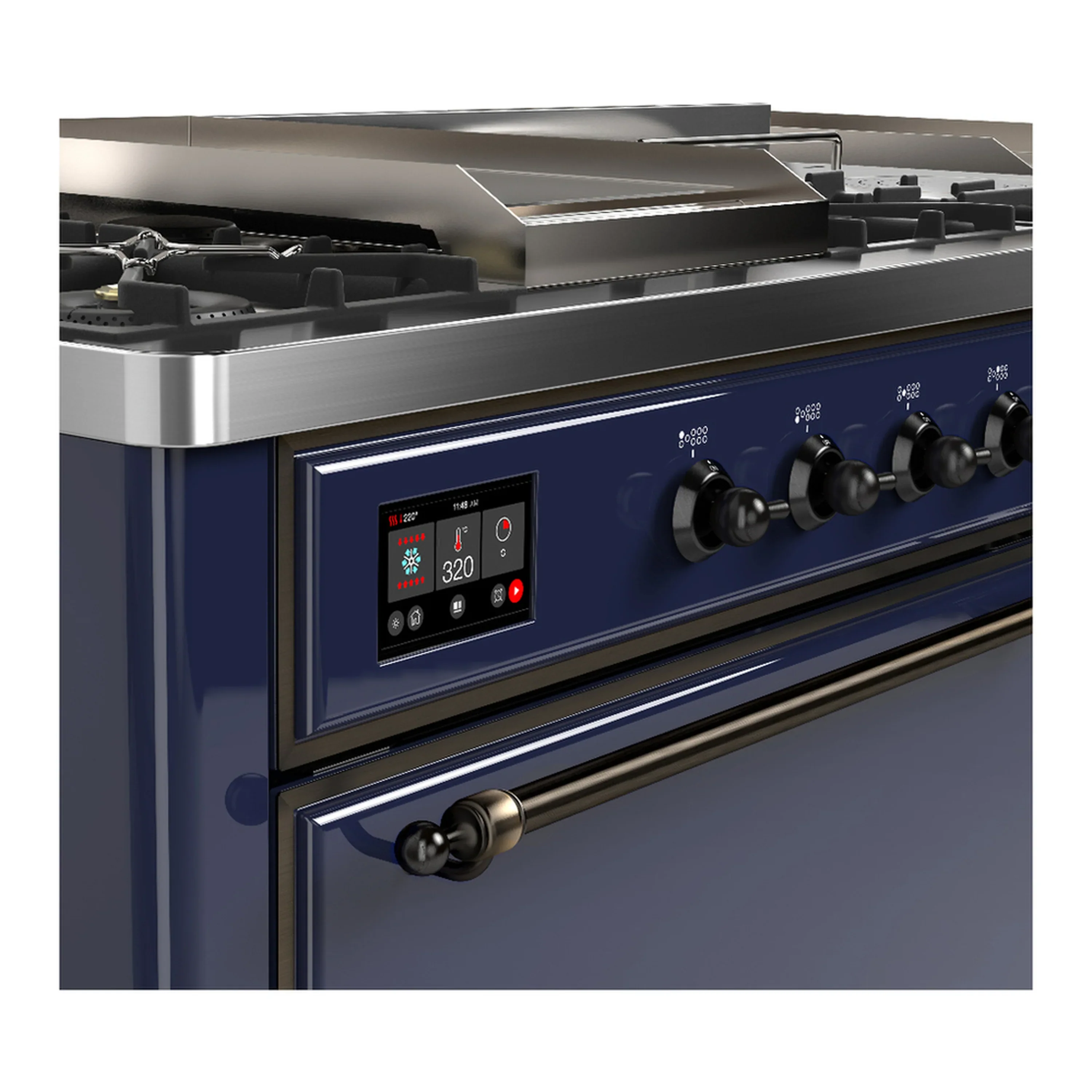 ILVE Majestic III 60-inch Dual Fuel Range with 5 Liquid Propane Burner, Griddle, French Top and Solid Door Electric Oven in Midnight Blue with Burnished Trim (UM60FSQNR3MBBLP) - Image 7
