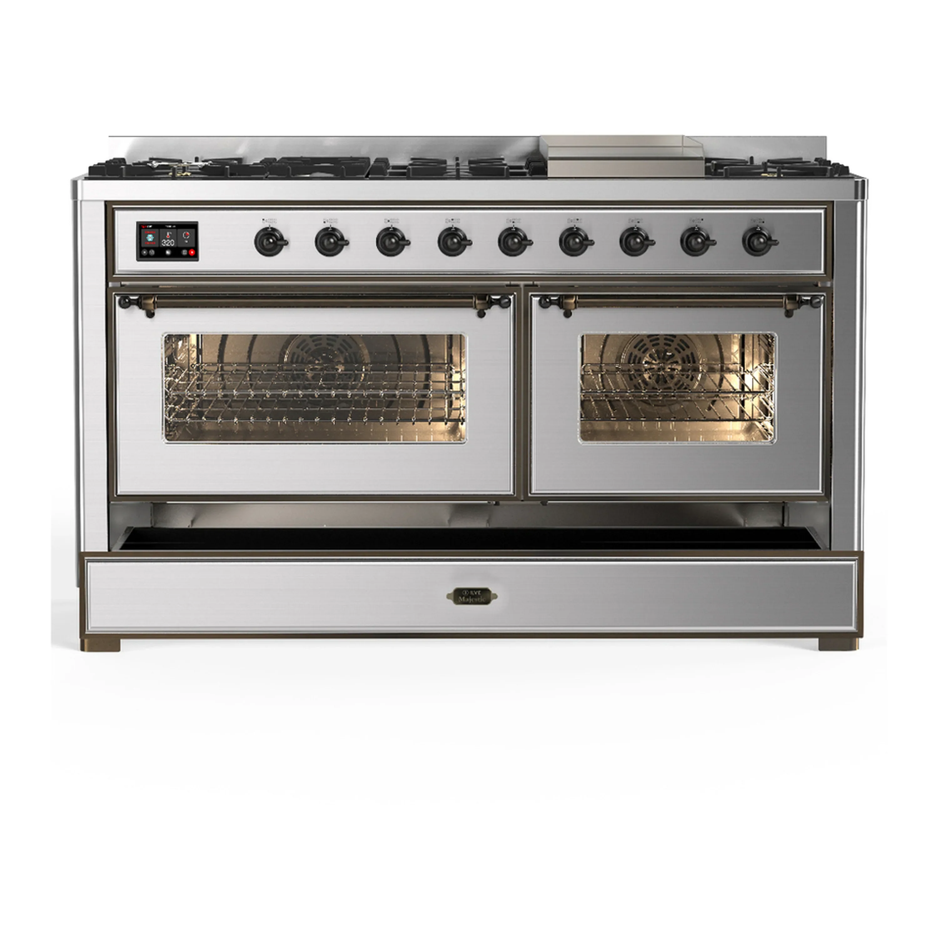 ILVE Majestic III 60-inch Dual Fuel Range with 7 Natural Gas Burner, Griddle and Triple Glass Door Electric Oven in Stainless Steel with Burnished Trim (UM60FNR3SSB) - Image 3