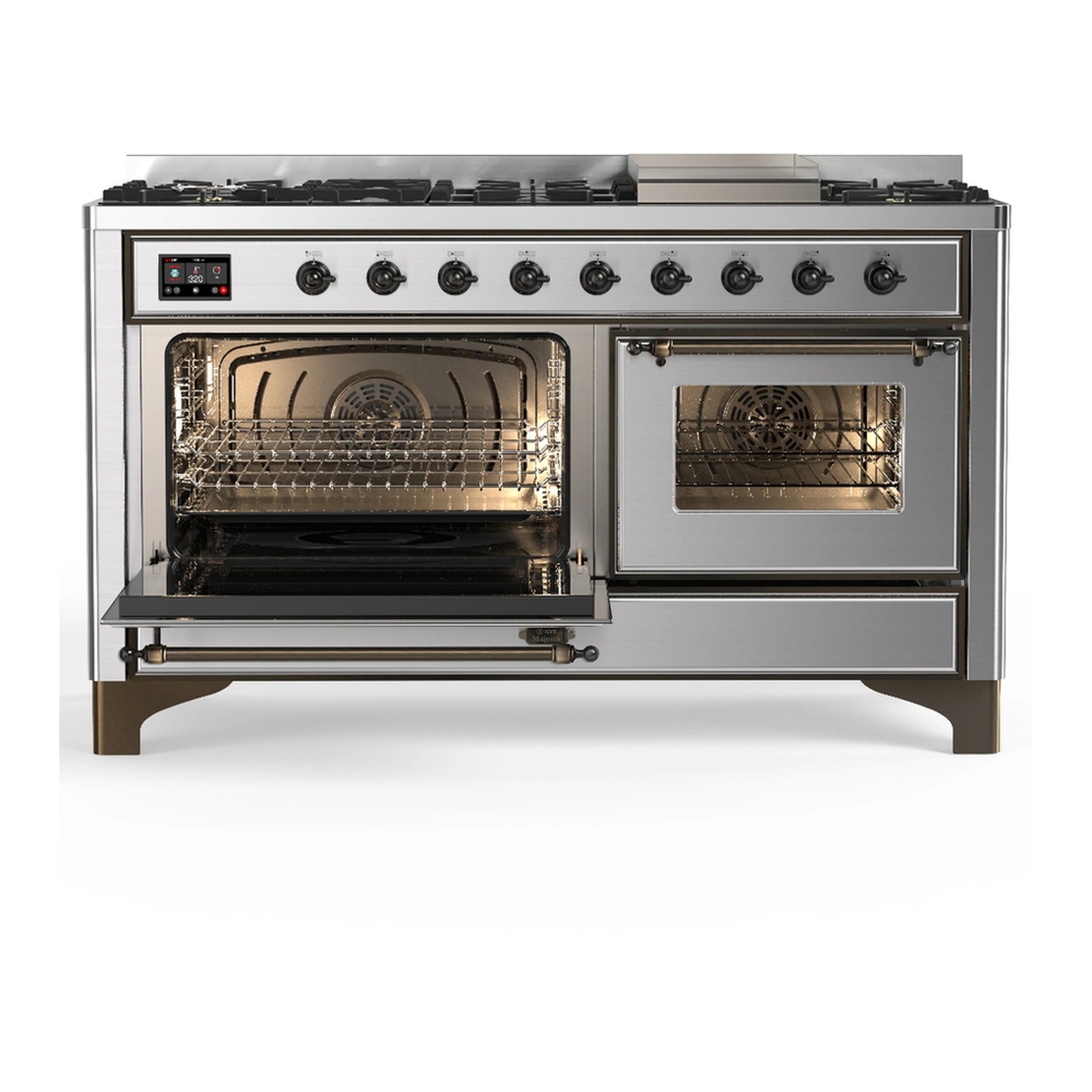 ILVE Majestic III 60-inch Dual Fuel Range with 7 Natural Gas Burner, Griddle and Triple Glass Door Electric Oven in Stainless Steel with Burnished Trim (UM60FNR3SSB) - Image 5