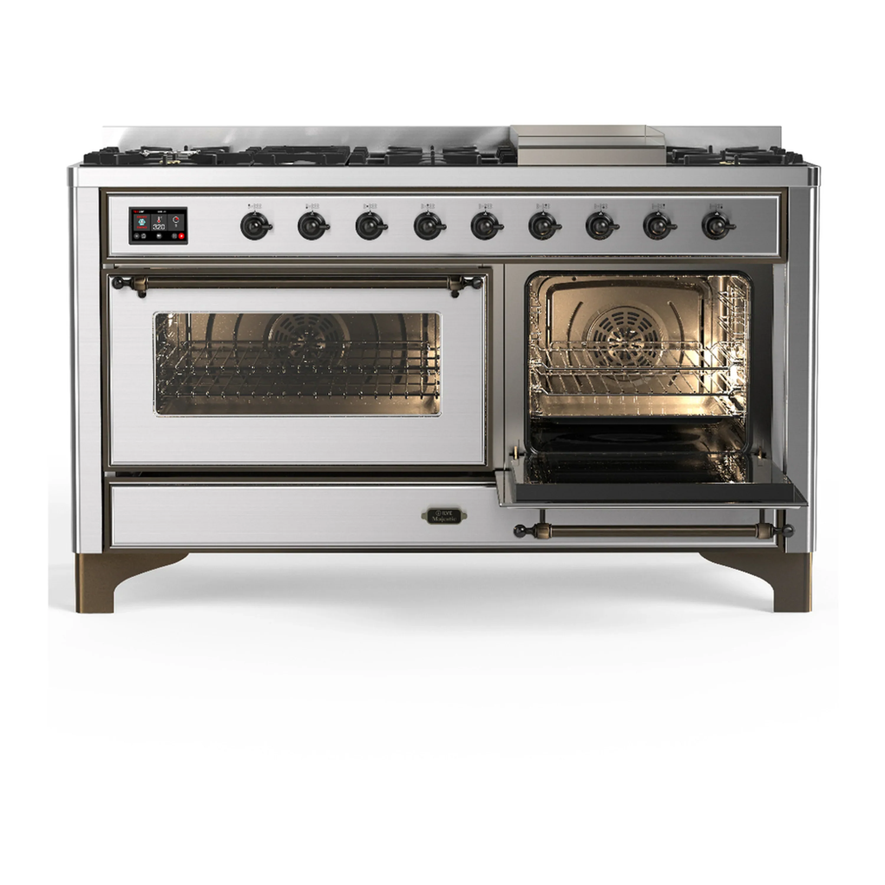 ILVE Majestic III 60-inch Dual Fuel Range with 5 Liquid Propane Burner, Griddle and Triple Glass Door Electric Oven in Stainless Steel with Burnished Trim (UM60FNR3SSBLP) - Image 4