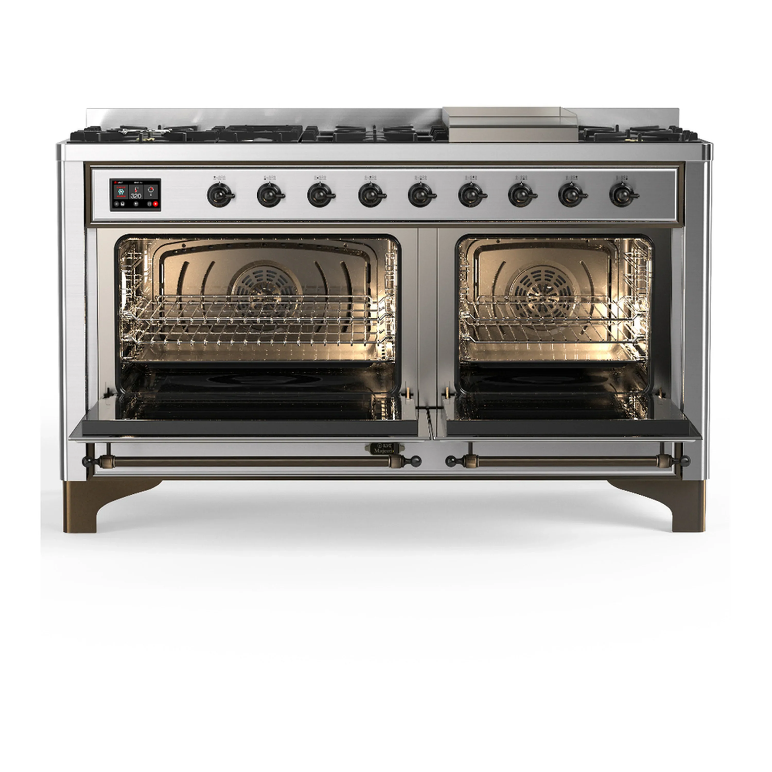 ILVE Majestic III 60-inch Dual Fuel Range with 7 Natural Gas Burner, Griddle and Solid Door Electric Oven in Stainless Steel with Burnished Trim (UM60FQNR3SSB) - Image 6