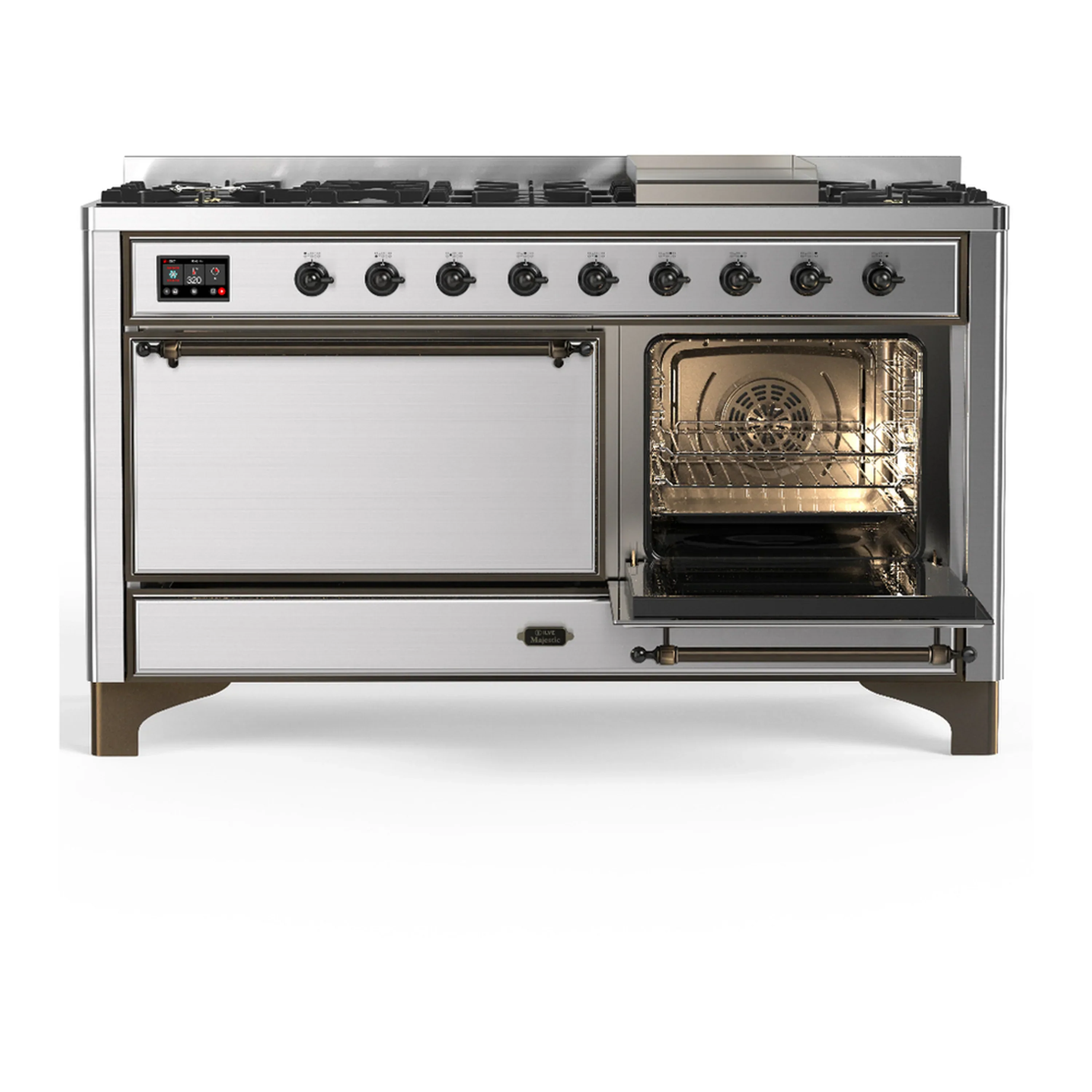ILVE Majestic III 60-inch Dual Fuel Range with 5 Liquid Propane Burner, Griddle and Solid Door Electric Oven in Stainless Steel with Burnished Trim (UM60FQNR3SSBLP) - Image 4