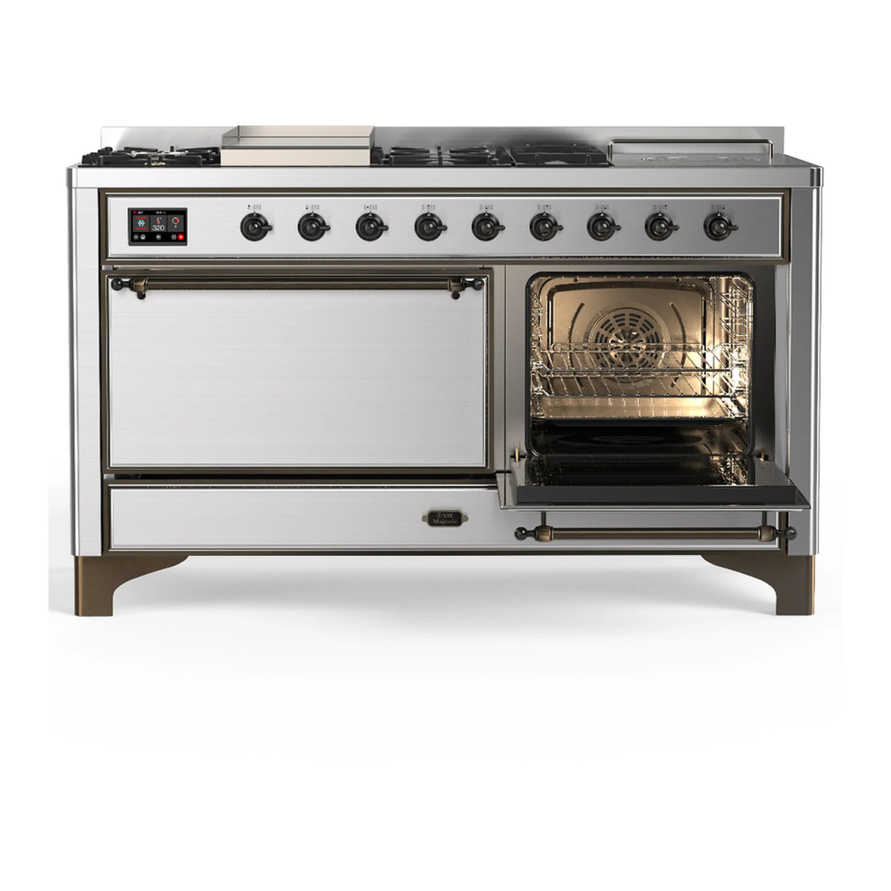 ILVE Majestic III 60-inch Dual Fuel Range with 7 Natural Gas Burner, Griddle, French Top and Solid Door Electric Oven in Stainless Steel with Burnished Trim (UM60FSQNR3SSB) - Image 4