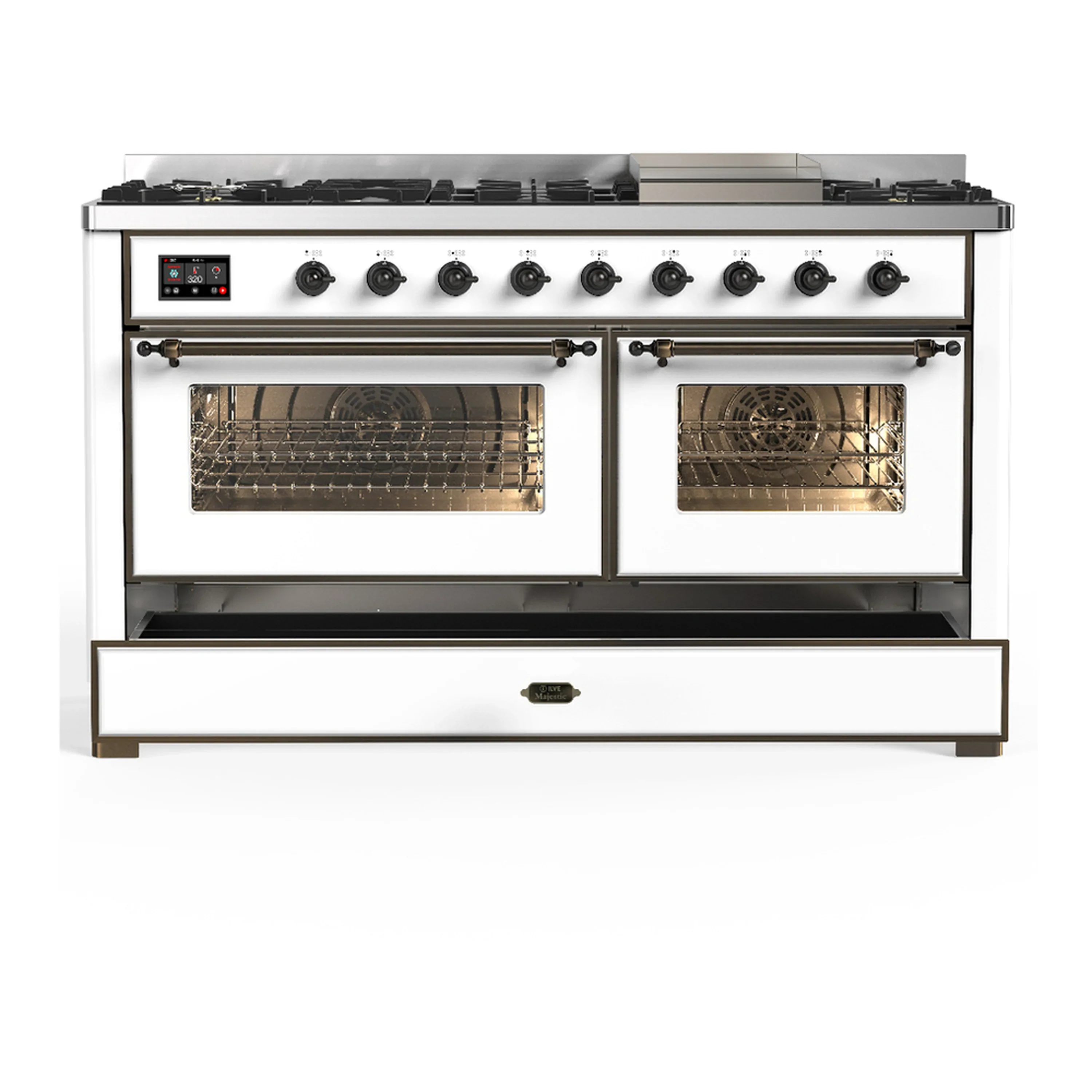 ILVE Majestic III 60-inch Dual Fuel Range with 7 Natural Gas Burner, Griddle and Triple Glass Door Electric Oven in White with Burnished Trim (UM60FNR3WHB) - Image 3