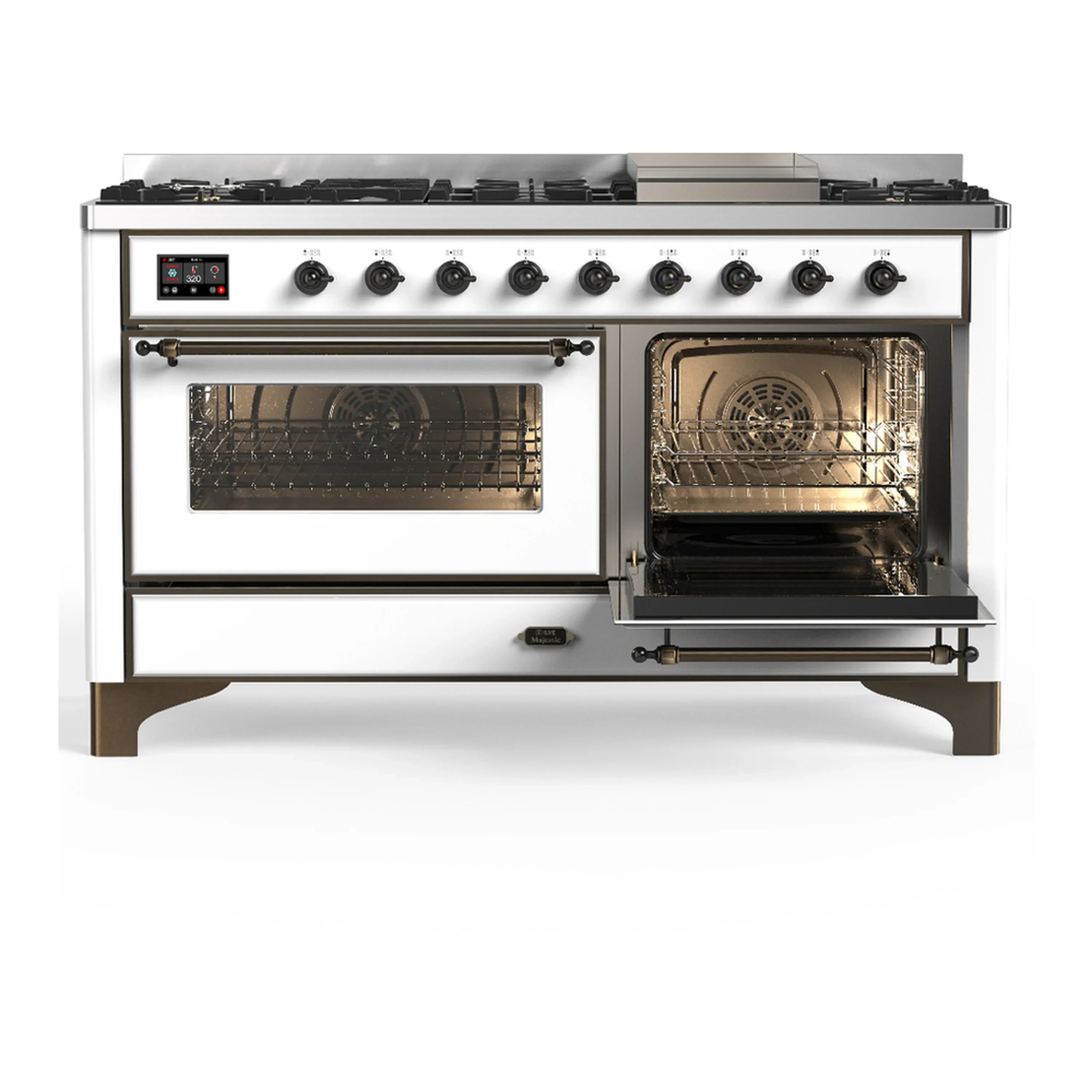 ILVE Majestic III 60-inch Dual Fuel Range with 7 Natural Gas Burner, Griddle and Triple Glass Door Electric Oven in White with Burnished Trim (UM60FNR3WHB) - Image 4