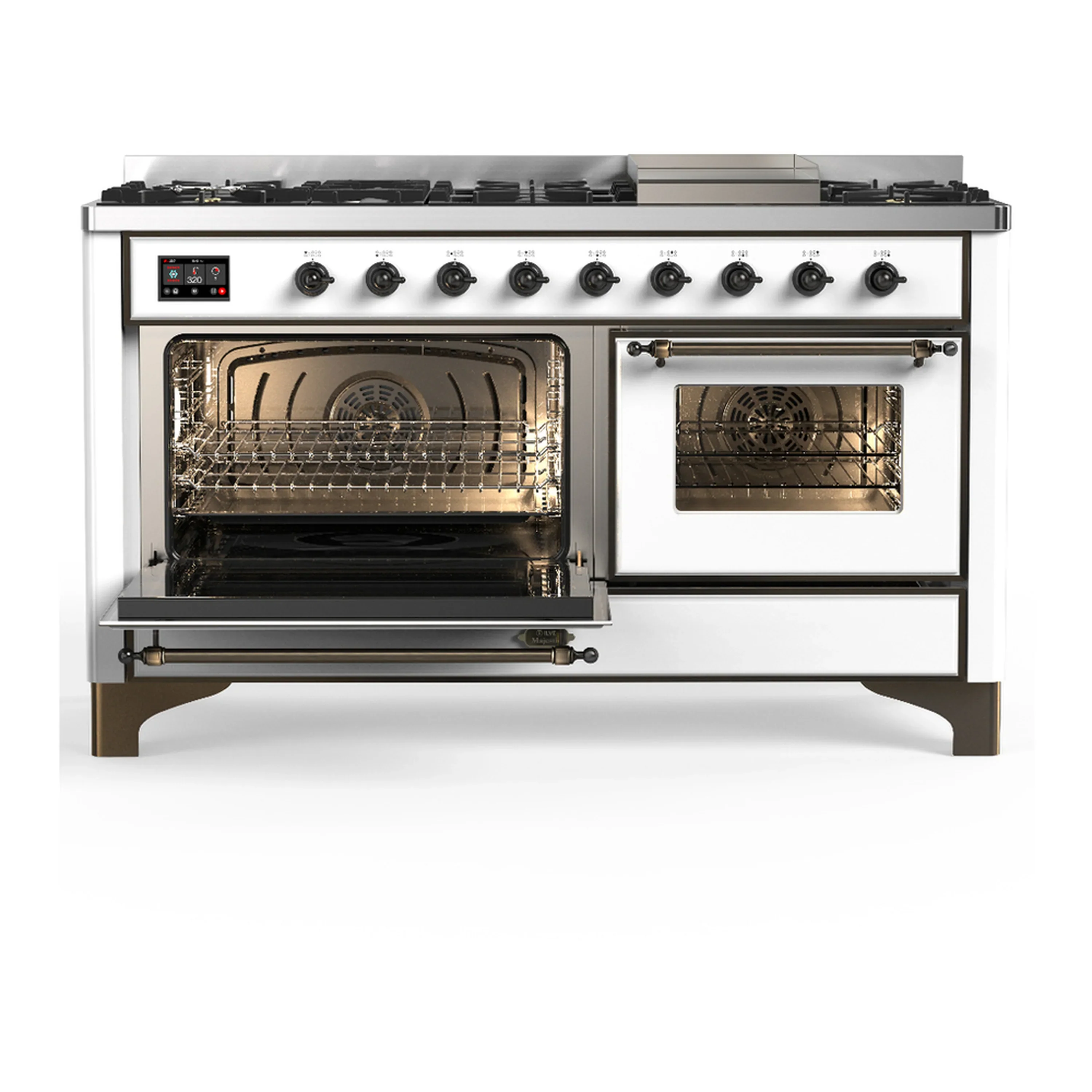 ILVE Majestic III 60-inch Dual Fuel Range with 7 Natural Gas Burner, Griddle and Triple Glass Door Electric Oven in White with Burnished Trim (UM60FNR3WHB) - Image 5