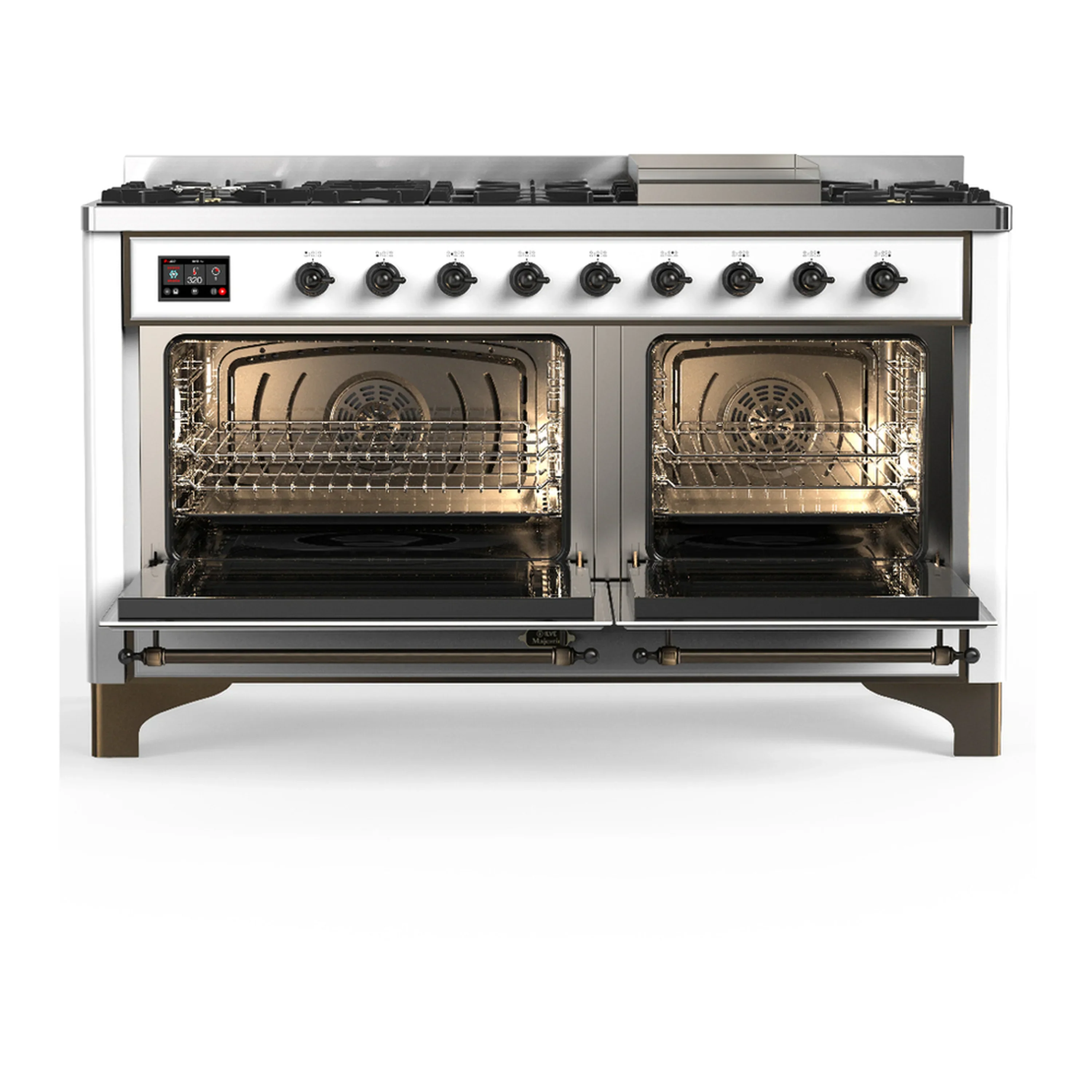 ILVE Majestic III 60-inch Dual Fuel Range with 7 Natural Gas Burner, Griddle and Triple Glass Door Electric Oven in White with Burnished Trim (UM60FNR3WHB) - Image 6